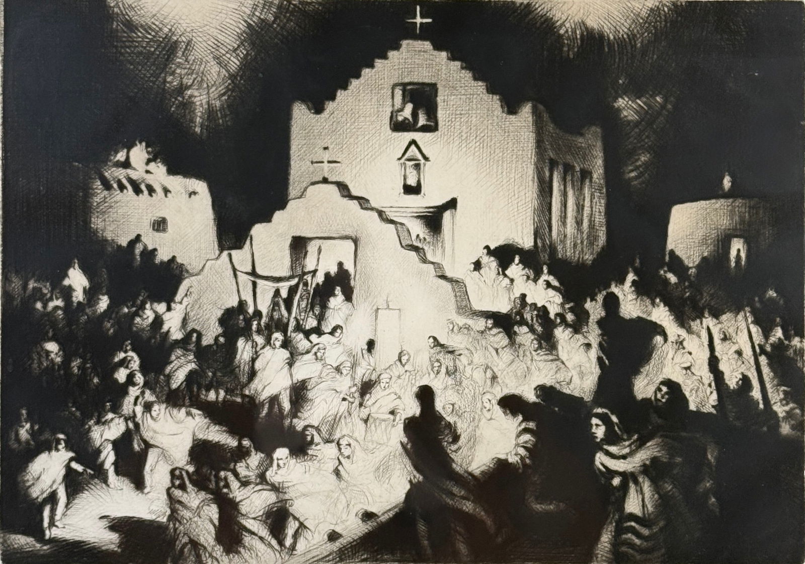Gene Kloss "Processional" Aquatint & Drypoint On Paper: Taos, 1948 Signed: Lower right Titled: Lower left Frame: 15 3/4" x 19 3/4" Image: 9 7/8" x 13 3/4" Provenance: Canal Gallery, Ontario Condition: Both th