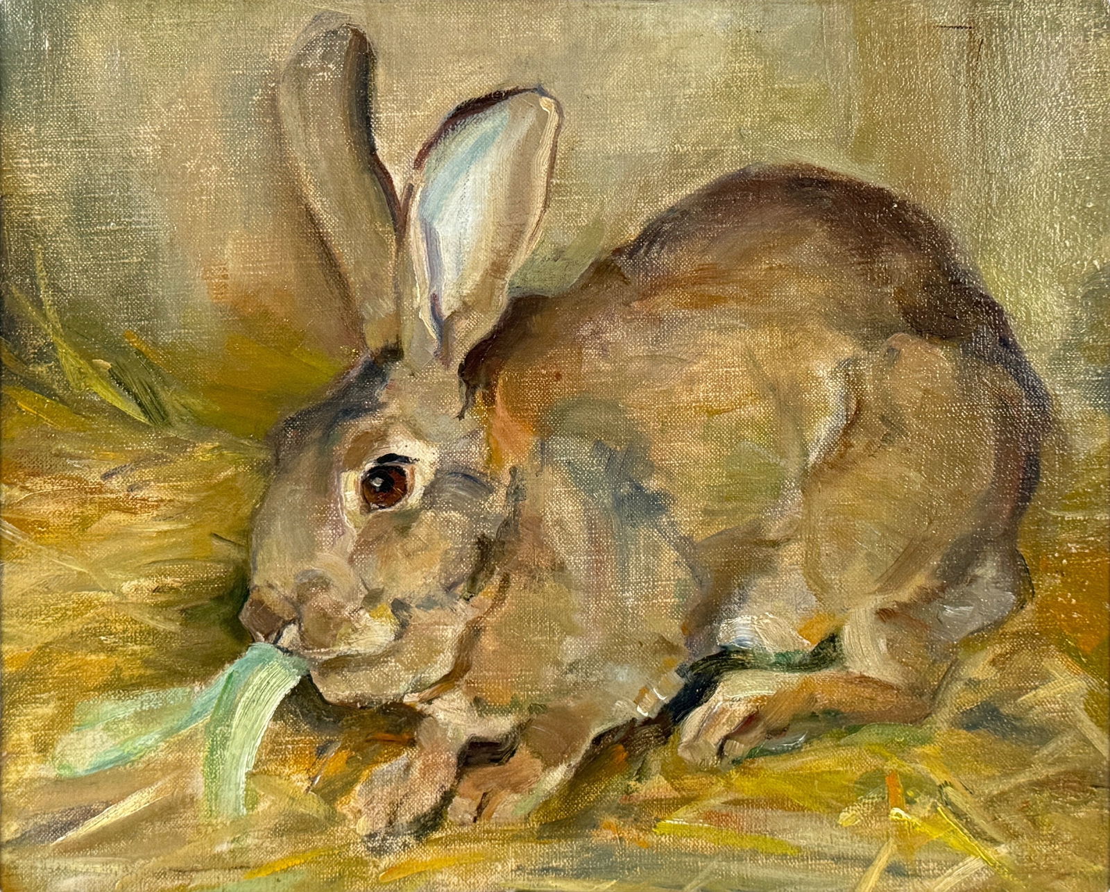 Antique 'Rabbit Eating Greens' Oil On Canvas (1 of 4)