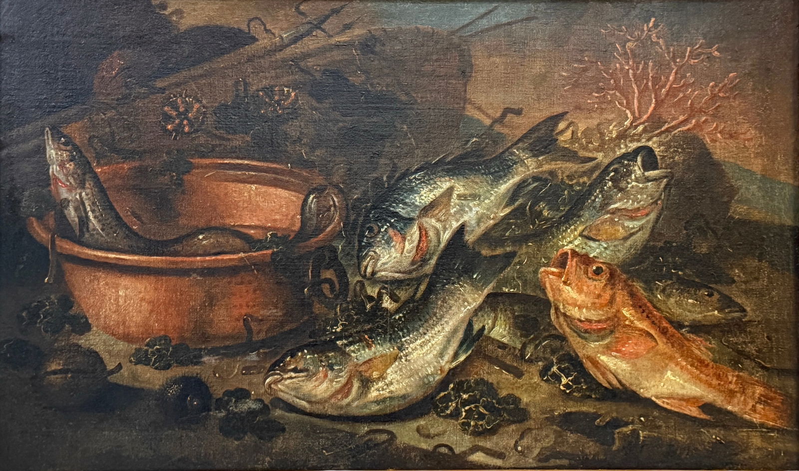 Unsigned Still LIfe 'Fish & Copper Pot' Oil On Canvas (1 of 5)