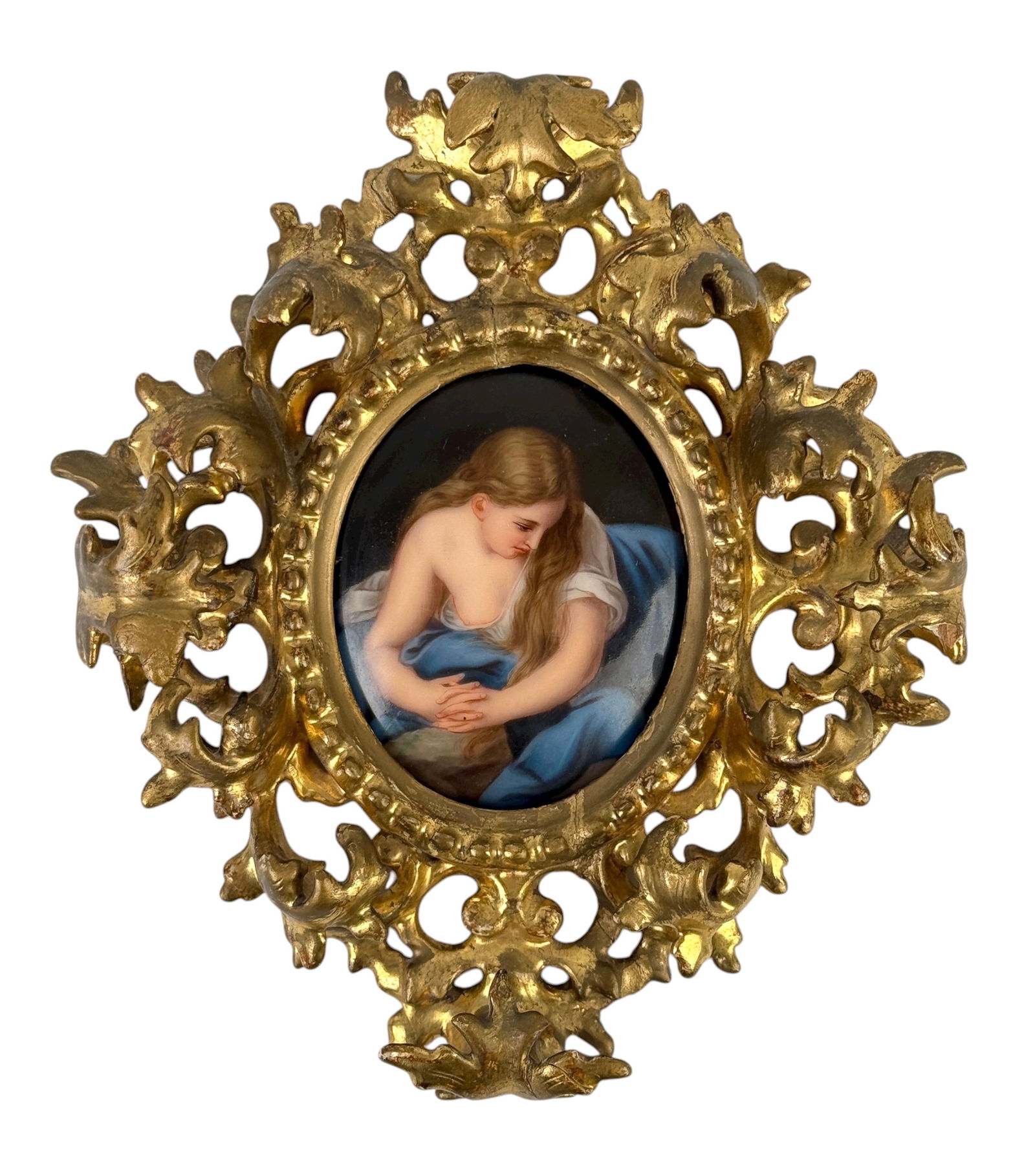 After Henry Bucker Porcelain Plaque: Frame: 7” x 6” Image: 3" x 2 1/2" Condition: One side of the frame has been repaired, with glue on the reverse. The image itself is in very good condition, but sits loosel
