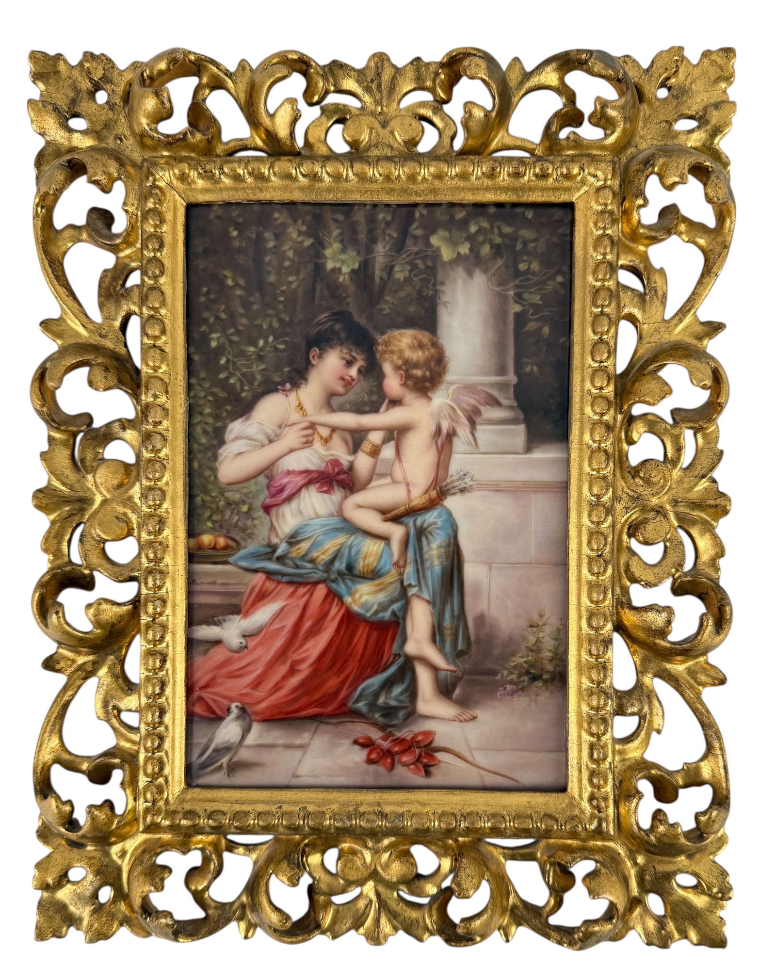 After Joseph Bernard "Dame mit Amor" Porcelain Plaque Painting: Frame: 12" x 9 3/4" Image: 8" x 5 1/4" Condition: Both frame and image are in good condition. 