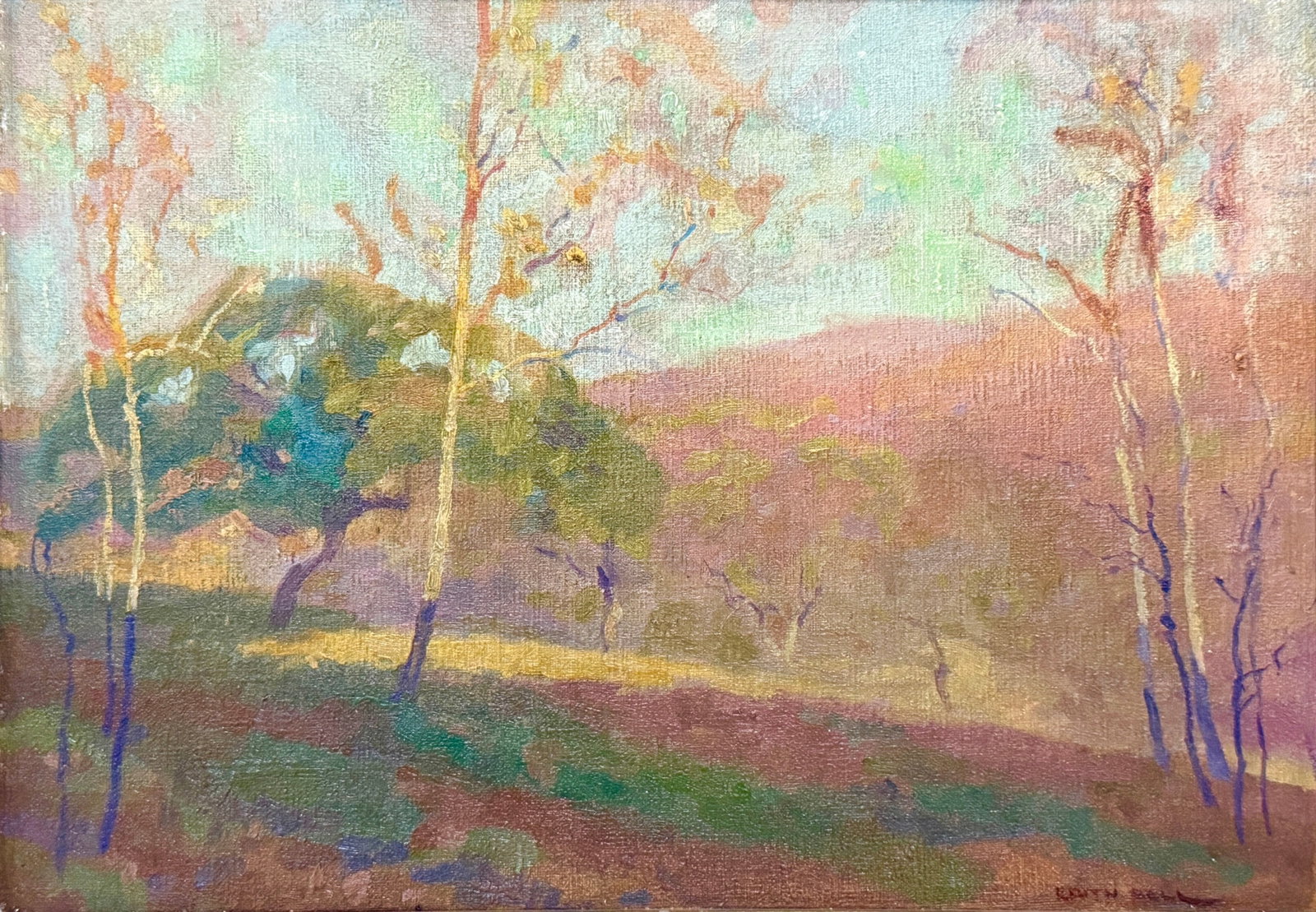 Edith Bell "October" Oi On Canvas: Signed lower right Dated: 1920 Frame: 16” x 20” Image: 10” x 14” Condition: A few very small areas of paint loss on the image. The frame shows small nicks, scratch