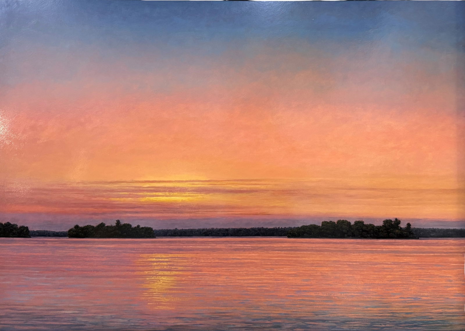 Jeff Aeling "First Light, Lake Kabetogama, MN" Painting: Medium: Oil on board Frame: 42 1/2" x 56 1/2" Image: 33 1/2" x 47 1/2" Condition: Both frame and image are in good condition.