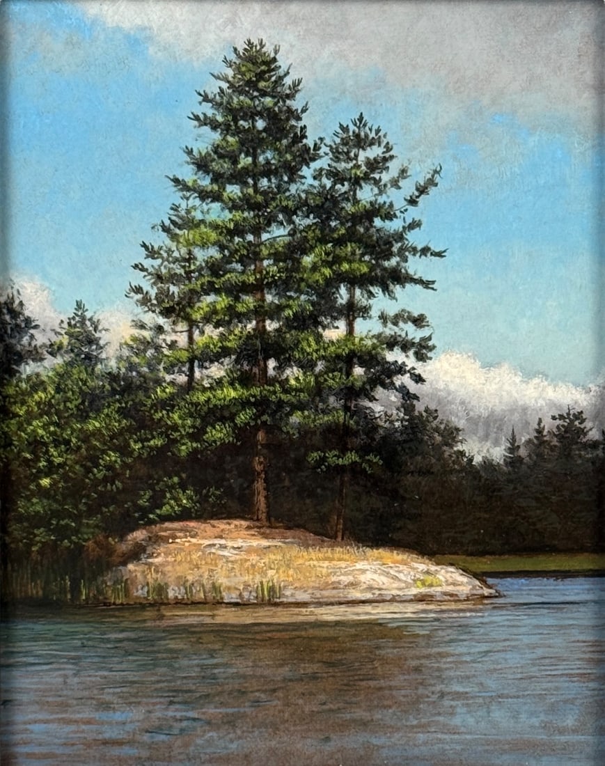 Jeff Aeling “While Pine" Oil On Board: Signed & titled on reverse Frame 16” x 14” Image: 10” x 8” Condition: The painting is in very good condition. The frame shows a few light scratches along the upper left edge.