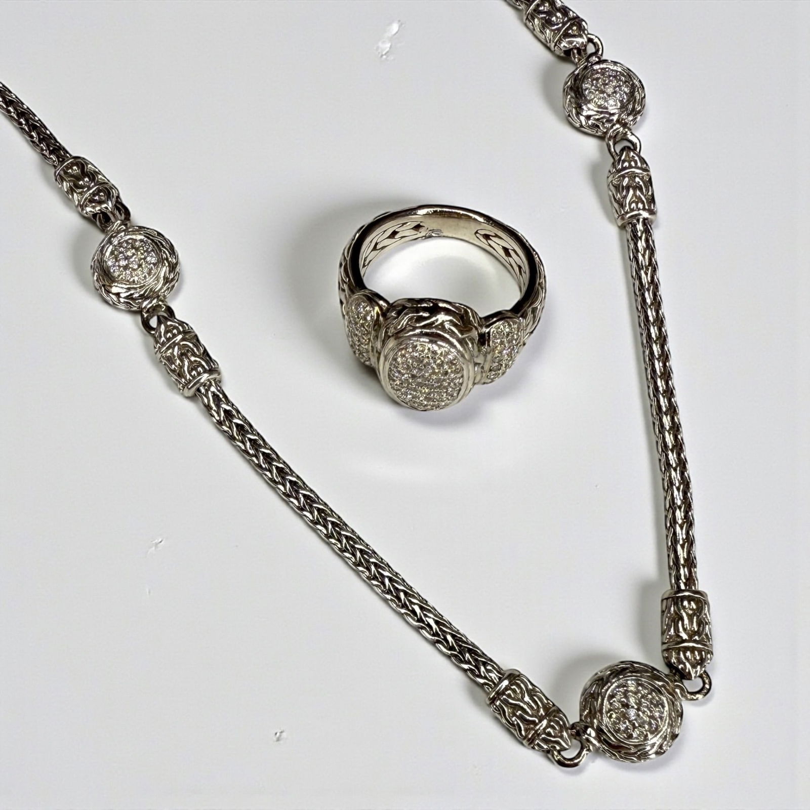 John Hardy 18K & Sterling w/ Diamonds Necklace and Ring: Length Of Necklace: 23" Size Of Ring: 6 1/2 Condition: Very Good with some light surface scratches visible. Comes with original pouches.