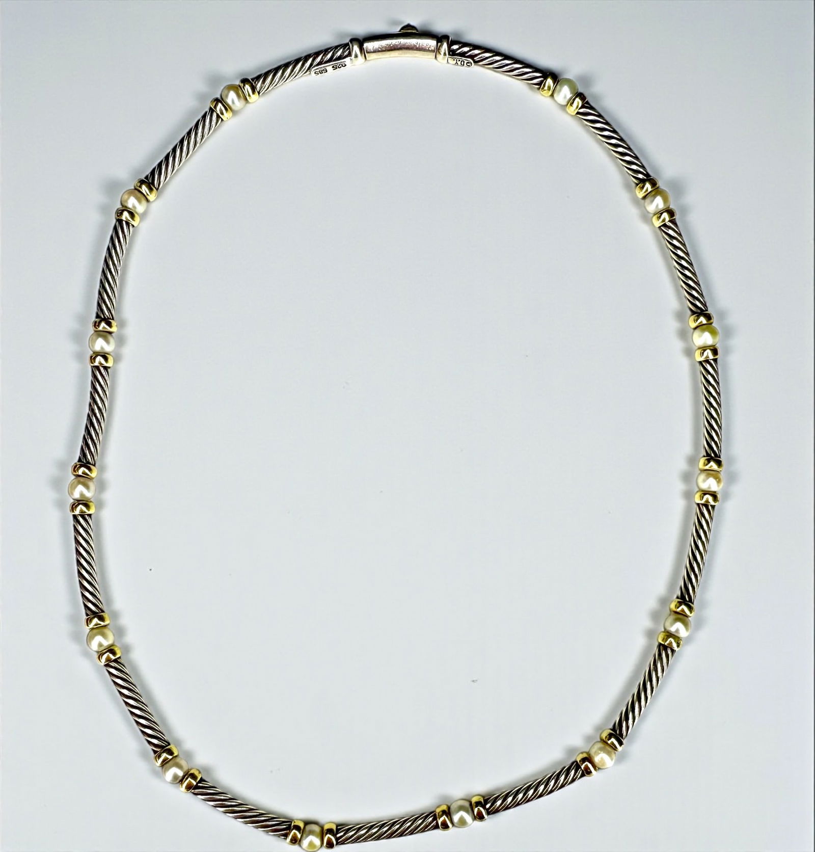 David Yurman 14K & Sterling Hampton Pearl Collar Necklace: Necklace Length: 15" Condition: Good with some tarnishing and light surface scratching