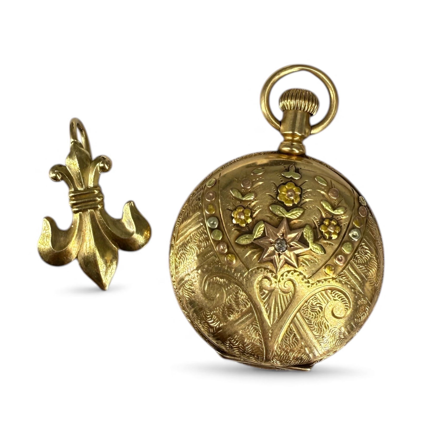 14K Elgin Ladies Pocket Watch w/ Diamond (1 of 6)