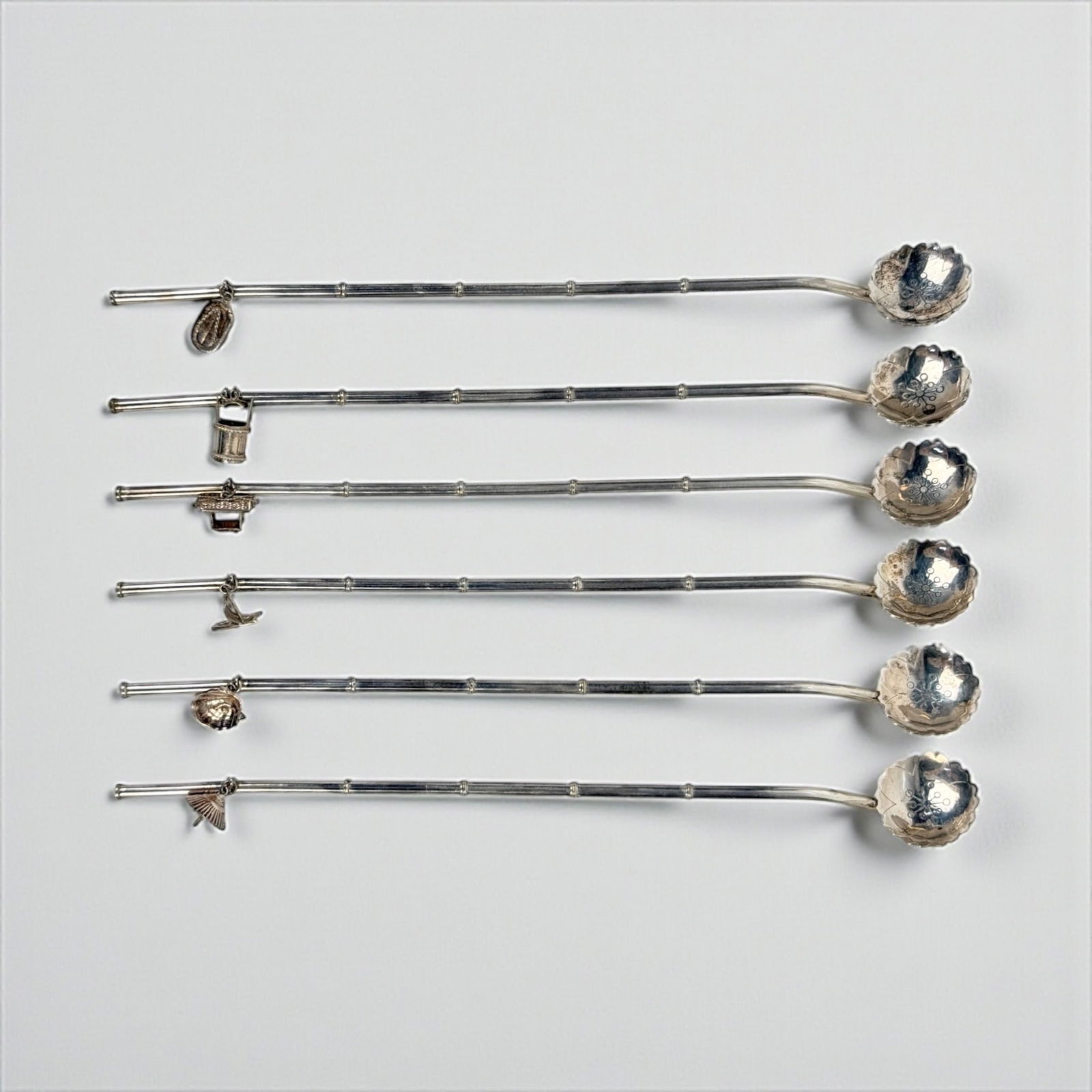 (6pc) Sterling Silver Bamboo Pattern Swizzle Stirrer Straws (1 of 8)