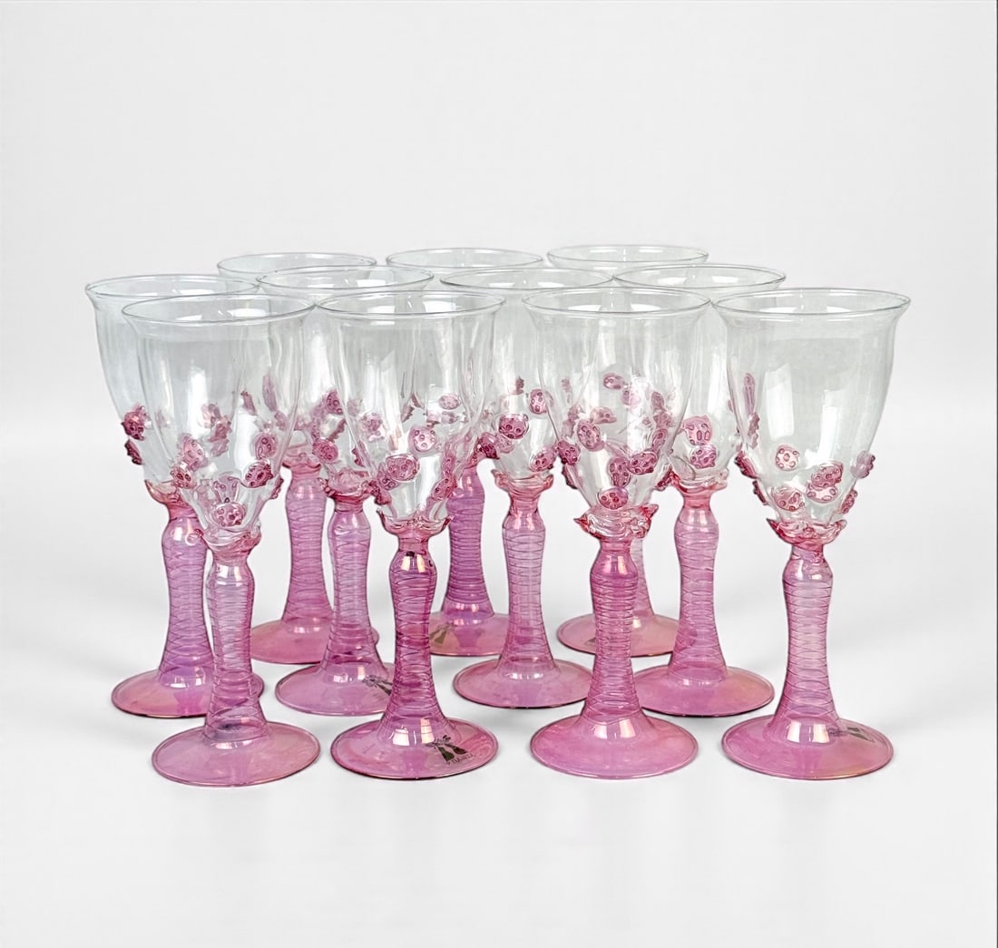 (11pc) Abigail's "Ophelia" Pink Wine Glasses: Height: 8 3/4" Condition: Very good, with no chips or cracks. Six glasses retain their original stickers.