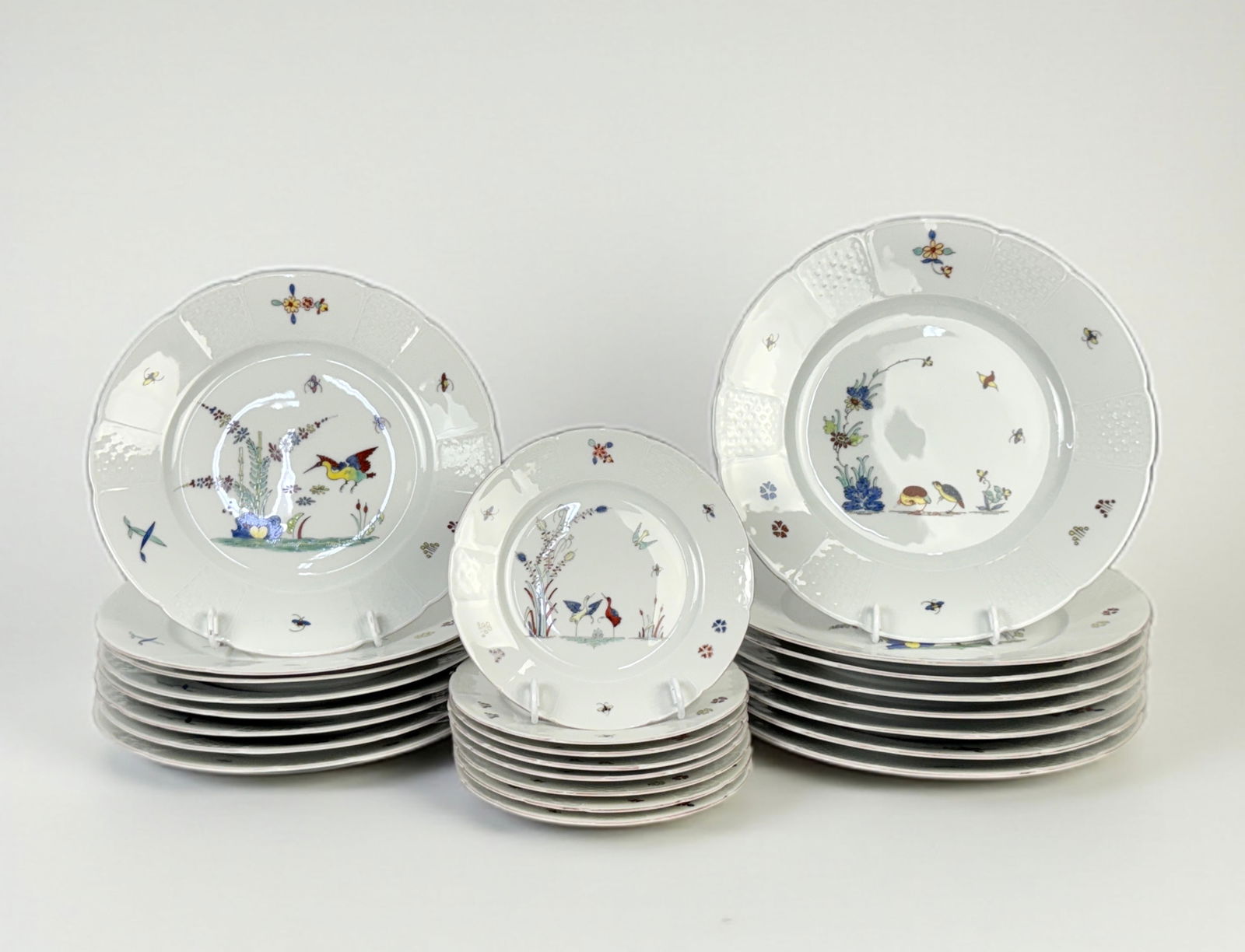 (24pc) Chantilly France Hand-Painted Porcelain Plates: (8) Dinner Plates, 9 3/4" Diameter(8) Salad Plates, 8 3/4" Diameter(8) Butter Plates, 6 1/4" Diameter Condition: Very good, with no visible chips or c