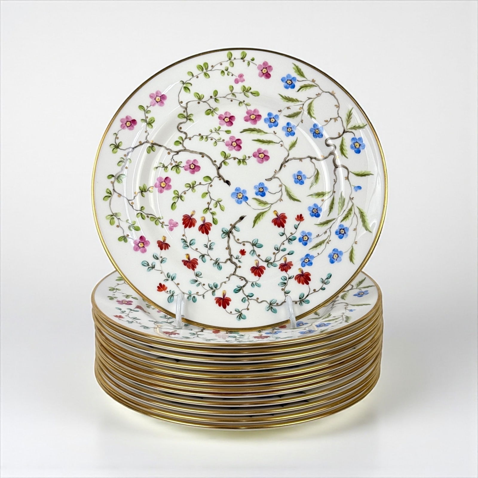 (12) Le Tallec For Tiffany & Co. Private Stock Porcelain Plates: Hand Painted Floral Design Diameter: 8" Condition: Very good with no chips or cracks.