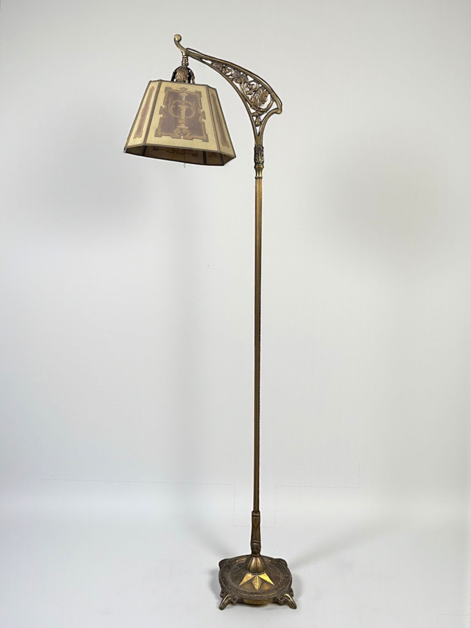 Antique Brass Floor Lamp With Fabric Shade: Height: 61 1/2" Condition: Good working condition. Minor surface wear and light oxidation to the brass consistent with age. Light discoloration to the fabric shade. 