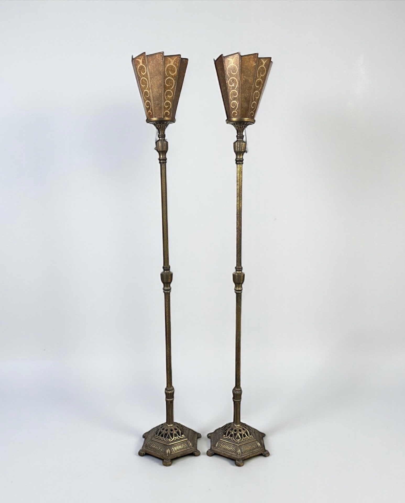 Pair of Art Deco Brass Floor Lamps with Mica Shades (1 of 6)