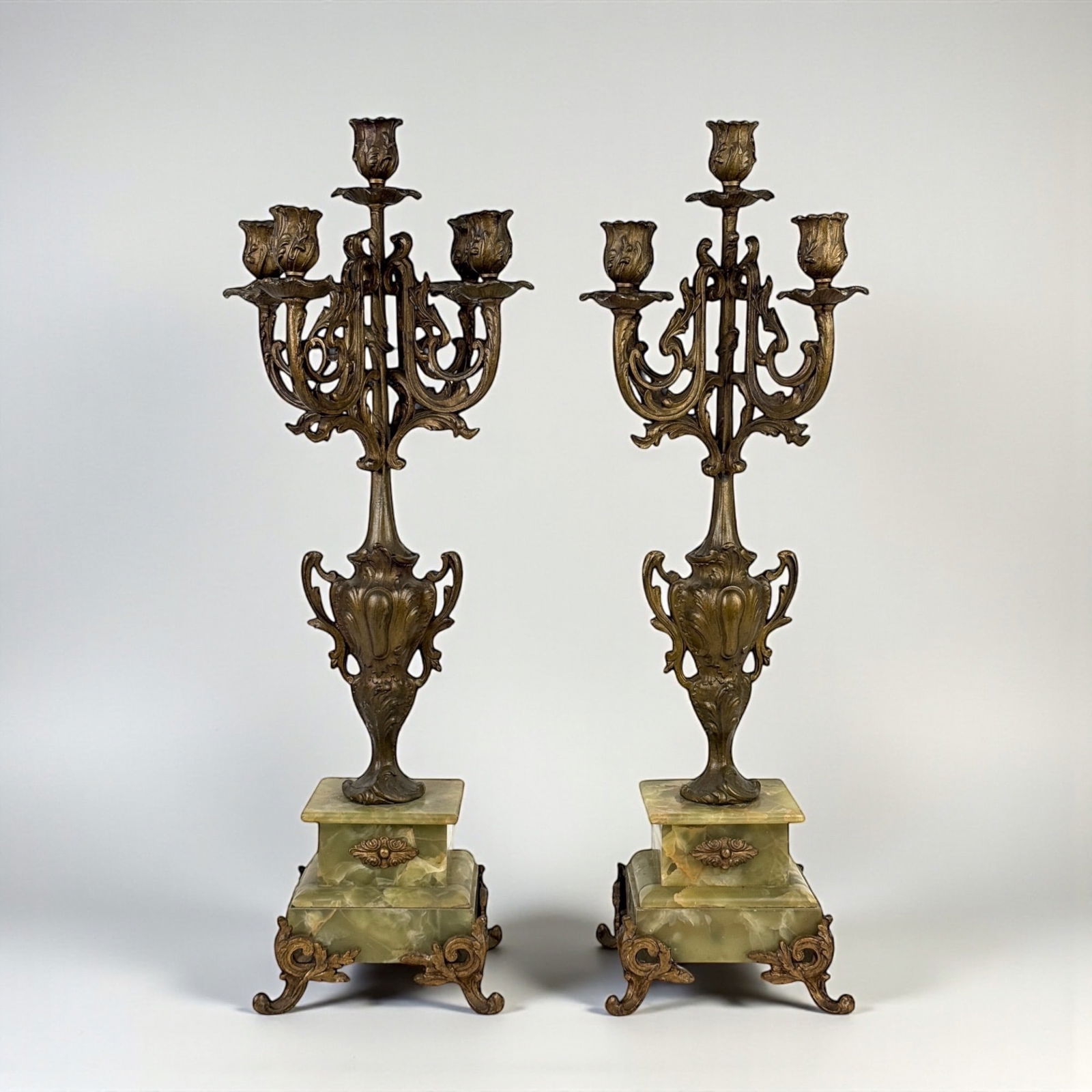 Pair Of Antique French Art Nouveau Marble & Iron Candelabras: Height: 23" Condition: One of the iron arms is missing from one of the pieces. 