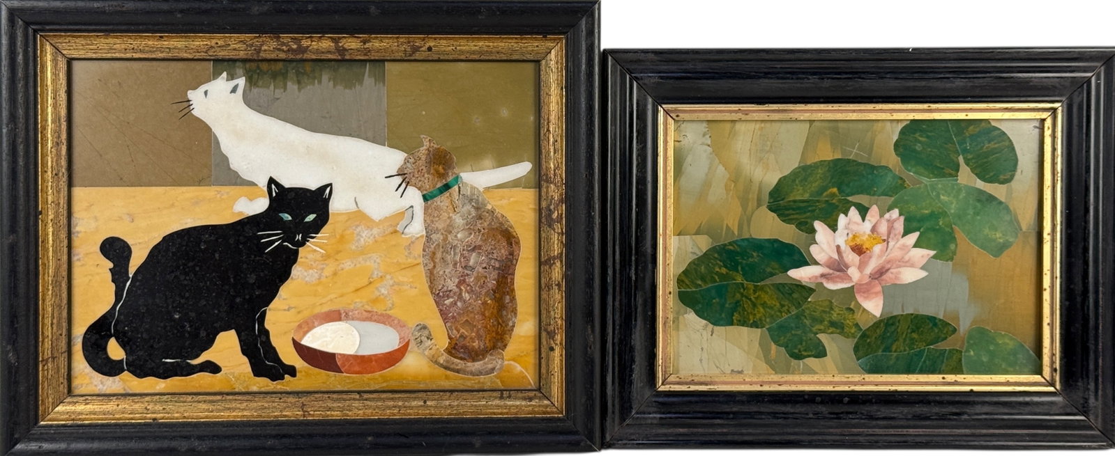 (2pc) Pietra Dura Inlaid Plaque Cats & Waterlily: Largest Frame 8 1/2" x 11" Condition: Both frames have minor scratches; both images are in good condition. 