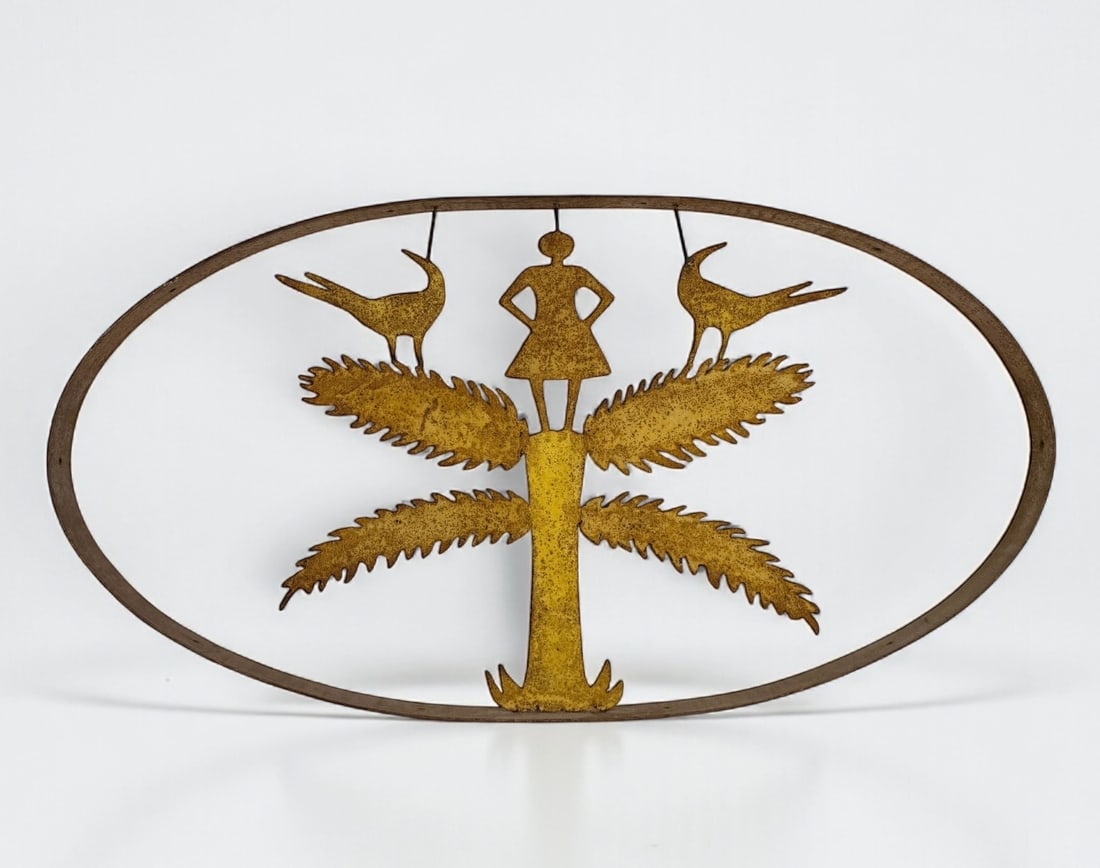 Folk Art Cut Metal Silhouette Of Woman & Birds: Dimensions: 22” x 42” Condition: Light surface wear and oxidation throughout, with scattered areas of rust and minor paint loss. Overall, in good condition. 