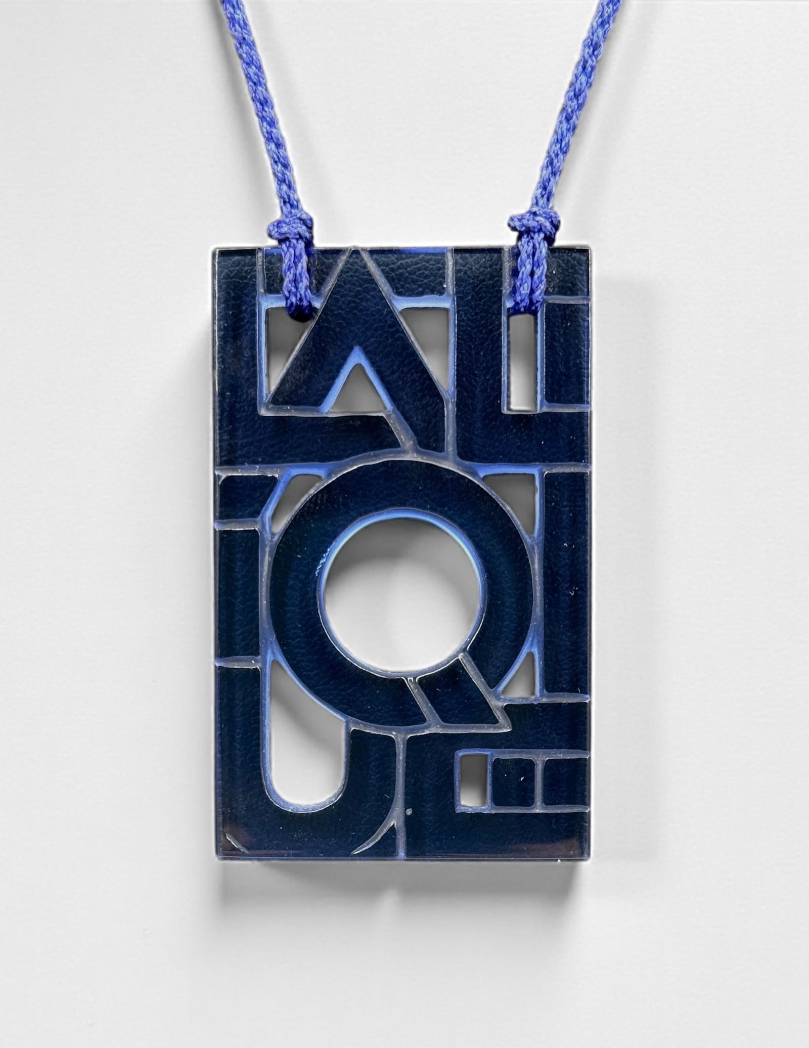 Lalique Blue Molded Art Glass Logo Pendant Necklace: Original Box. Signed "Lalique France" on the edge Pendant: 2" x 1 7/8" Condition: Like New in the box