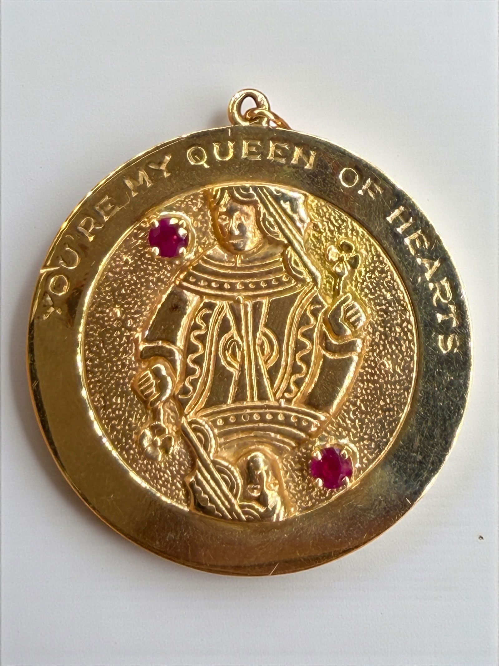 14K Gold Pendant W/ Diamonds & Rubies: Inscribed "I'M YOU KING OF DIAMONDS" on one side and "YOU'RE MY QUEEN OF HEARTS" on the other Tests as 14K-unmarked (2) Diamonds & (2) Rubies measure a