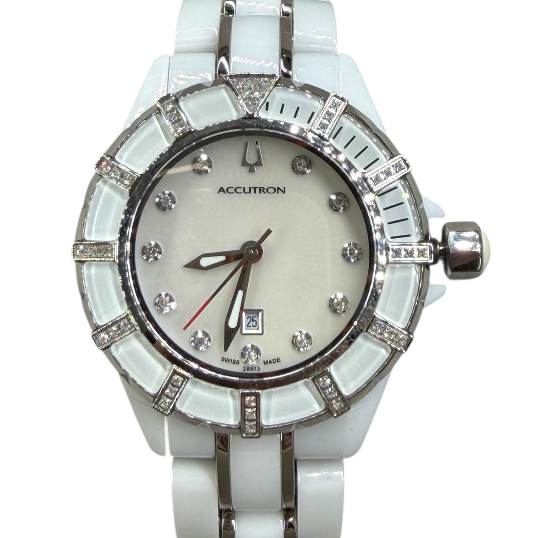 Bulova Accutron 28R13 Mirador White Ceramic MOP Dial Ladies Watch: With Diamonds and Stainless Steel Accents Case: 36mm Condition: New in Box with papers. Needs a new battery.