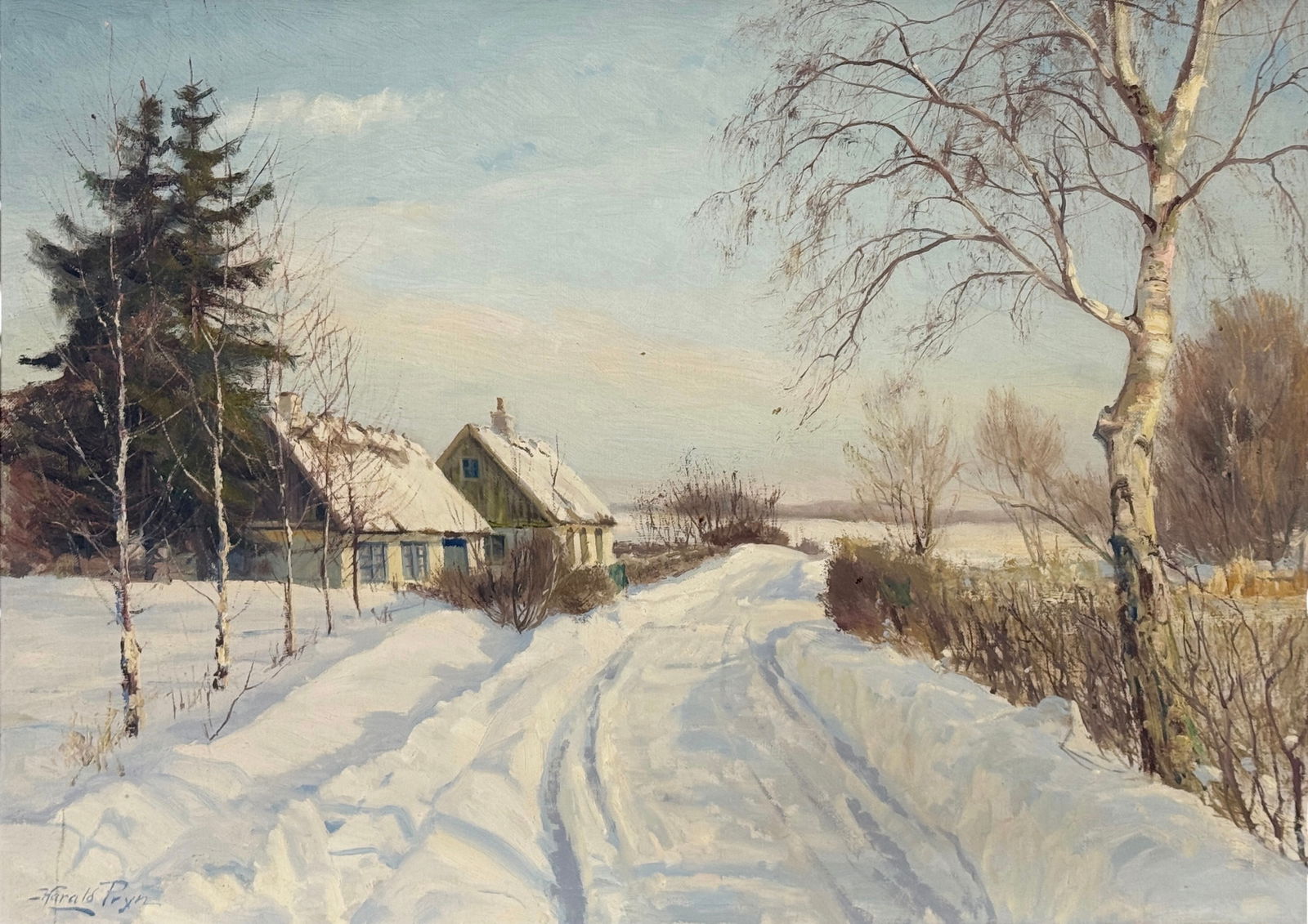 Harald Pryn 'Winter Road' Oil on Canvas: Hand-signed lower left. Provenance: Copenhagen Painter's Exhibition 1955 Receipt. Frame: 24 1/2" x 32 1/4" Image: 19 1/2" x 27