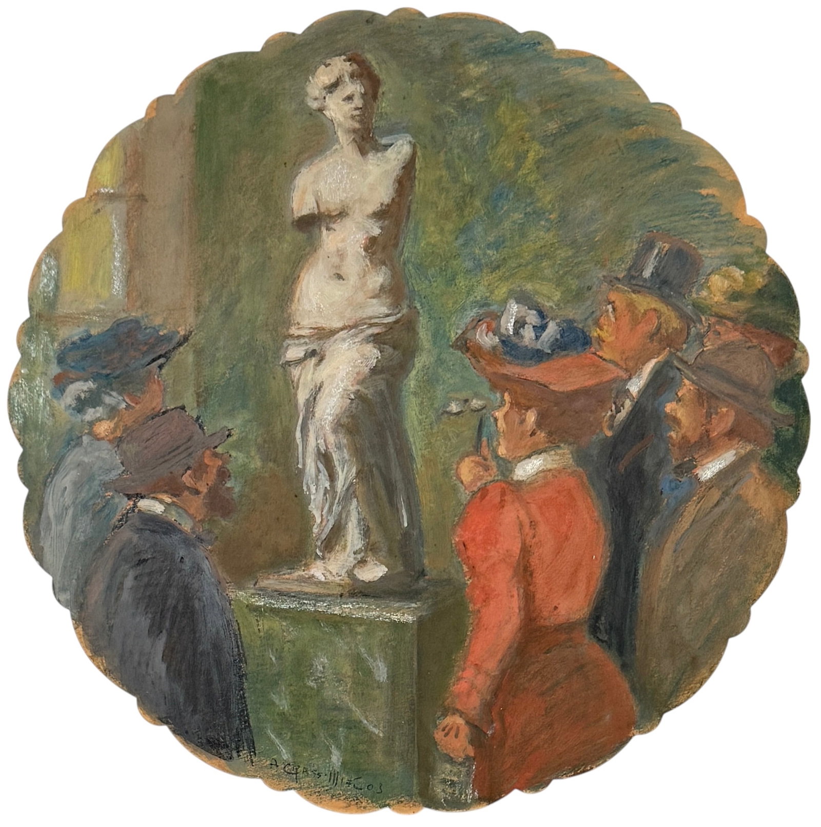 Augustin Grass-Mick "La Venus De Milo Epluchee" Gouache On Paper: Inscribed on the reverse, Visite au Louvre, La Venus de Milo Epluchee, 1903, plus sketch. Dated: 1903 Provenance: Gallerie Montauti Frame: 17 3.4" x 17 3/4" Image: 11 3/4"