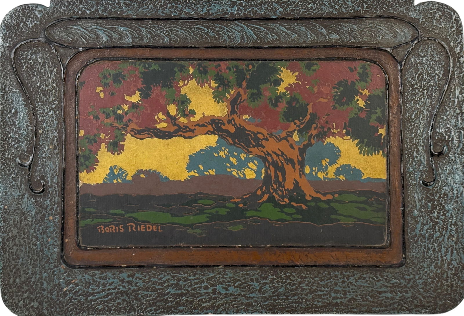 Boris Riedel "The Oak" Origination In Oil Colors: Image: 6" x 10" Frame: 10 1/4" x 15" Condition: The image is in very good condition, with colors diluted consistent with age. The frame is in good condition with