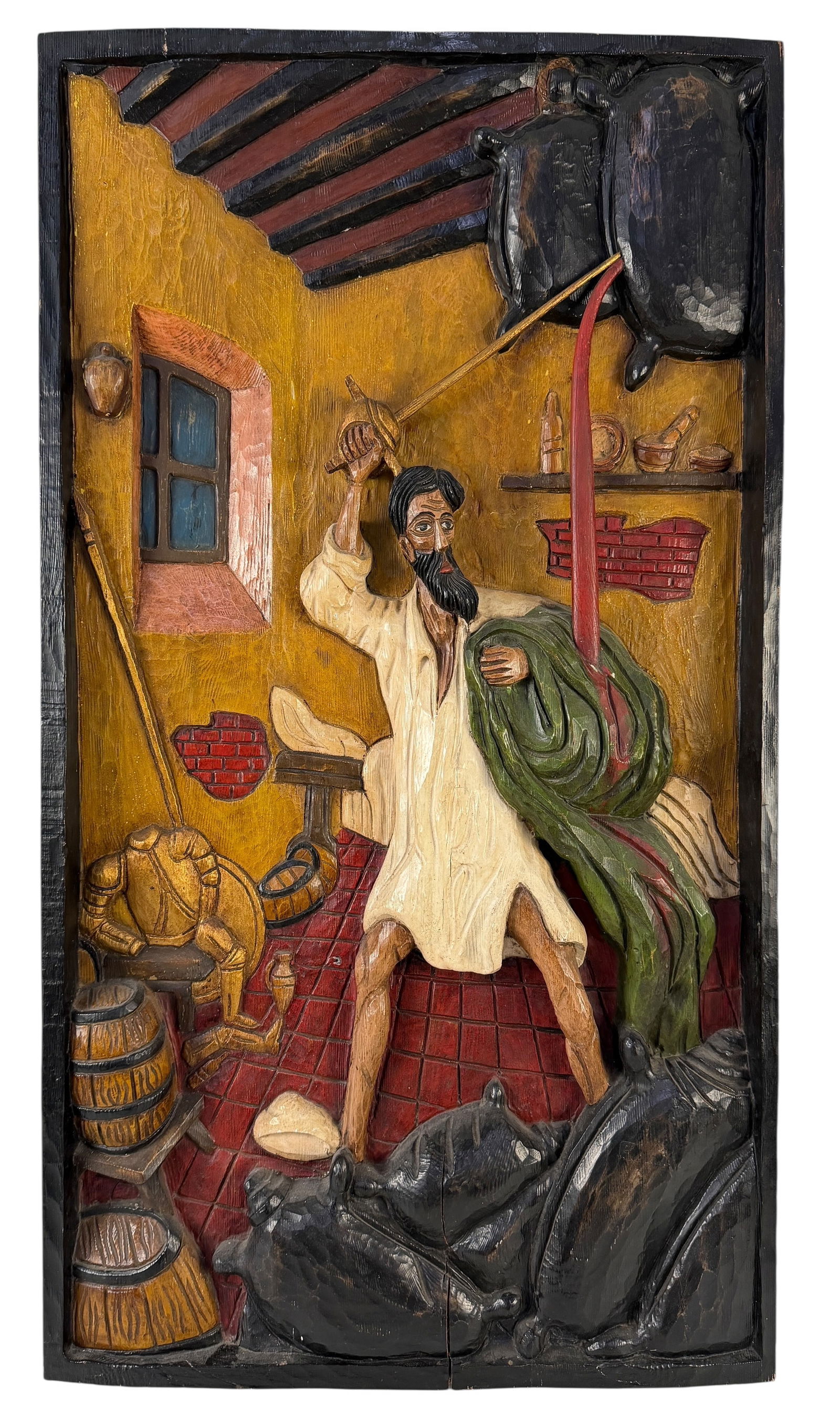 Wood Carved Plaque of Don Quixote: The wood plaque depicts a scene from Don Quixote and is carved in high relief. Dimensions: 38 1/2" T x 21" W x 2 1/2" D Condition: The carving is in