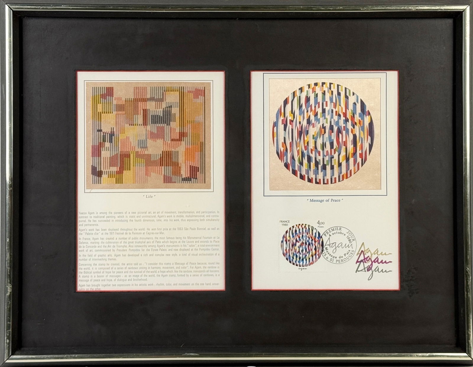 Yaacov Agam "Message of Peace" First Day Cover: Hand-signed by the artist in the bottom right. Provenance: Certificate of Authenticity included. Frame: 14" x 18" Each image: 8 1/2" and 5 1/2" Condi