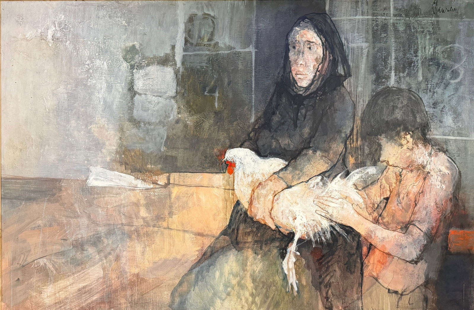Jean Jansem "Femme Au Coq" Oil on Canvas (1 of 9)