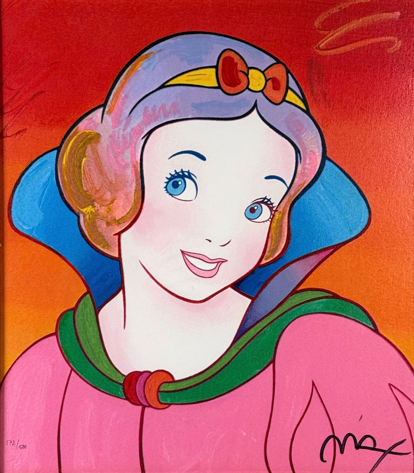 Peter Max 'Snow White' Serigraph: Hand-signed lower right & numbered lower left.Edition: 172/500 Frame: 26" x 24"Image: 15 1/2" x 13 1/2" Condition: Image is in very good condition. The frame
