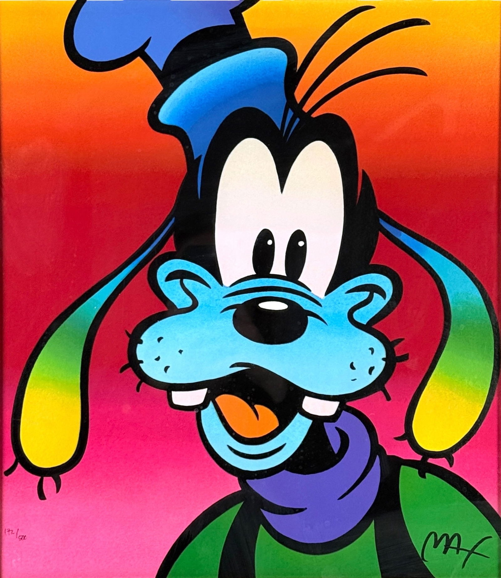 Peter Max 'Goofy' Serigraph: Hand-signed lower right & numbered lower left. Edition: 172/500Frame: 26" x 24" Image: 15 1/2" x 13 1/2" Condition: Image is in very good condition. The