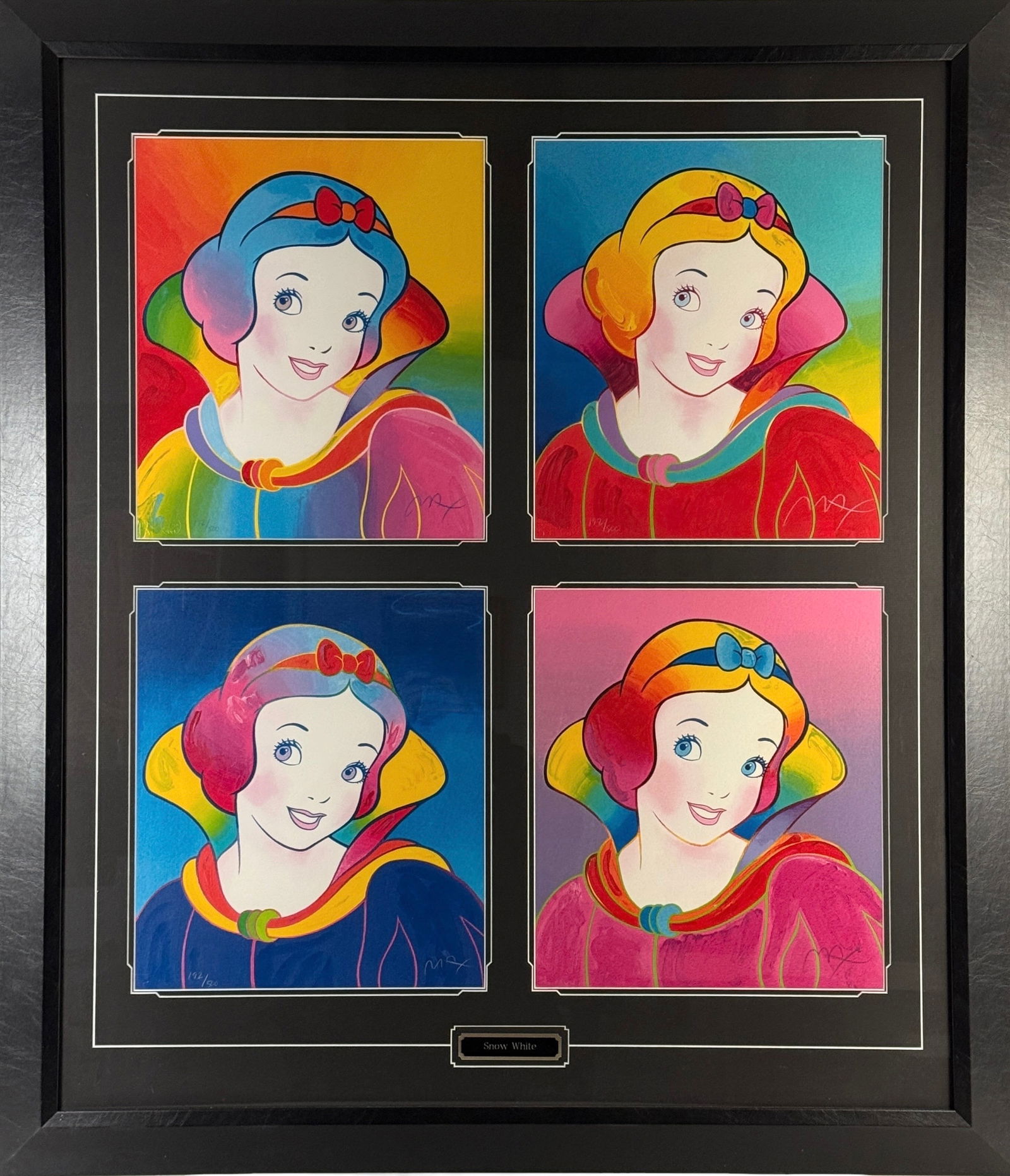 Peter Max 'Snow White' Suite of Four Serigraphs: Each is hand-signed lower right & numbered lower left. Edition: 192/500 Medium: Serigraph on paper Frame: 45 1/2" x 39 1/2" Each Image: 15 1/2" x 13