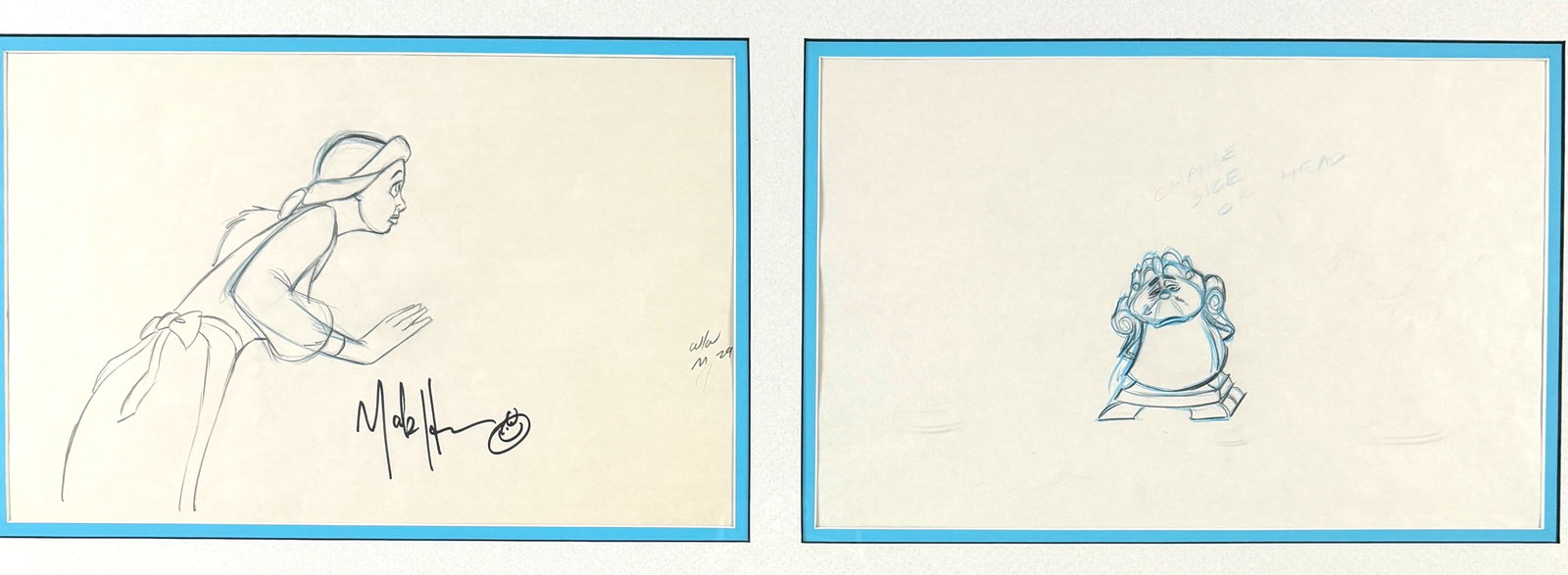 Original Beauty and The Beast Drawings: Comes with Certificates of AuthenticityImages are of Belle and Cogsworth.Belle image is signed by Mark Henn with two photographs signed by Mark Henn. Frame: 16 1/2" T x 35"