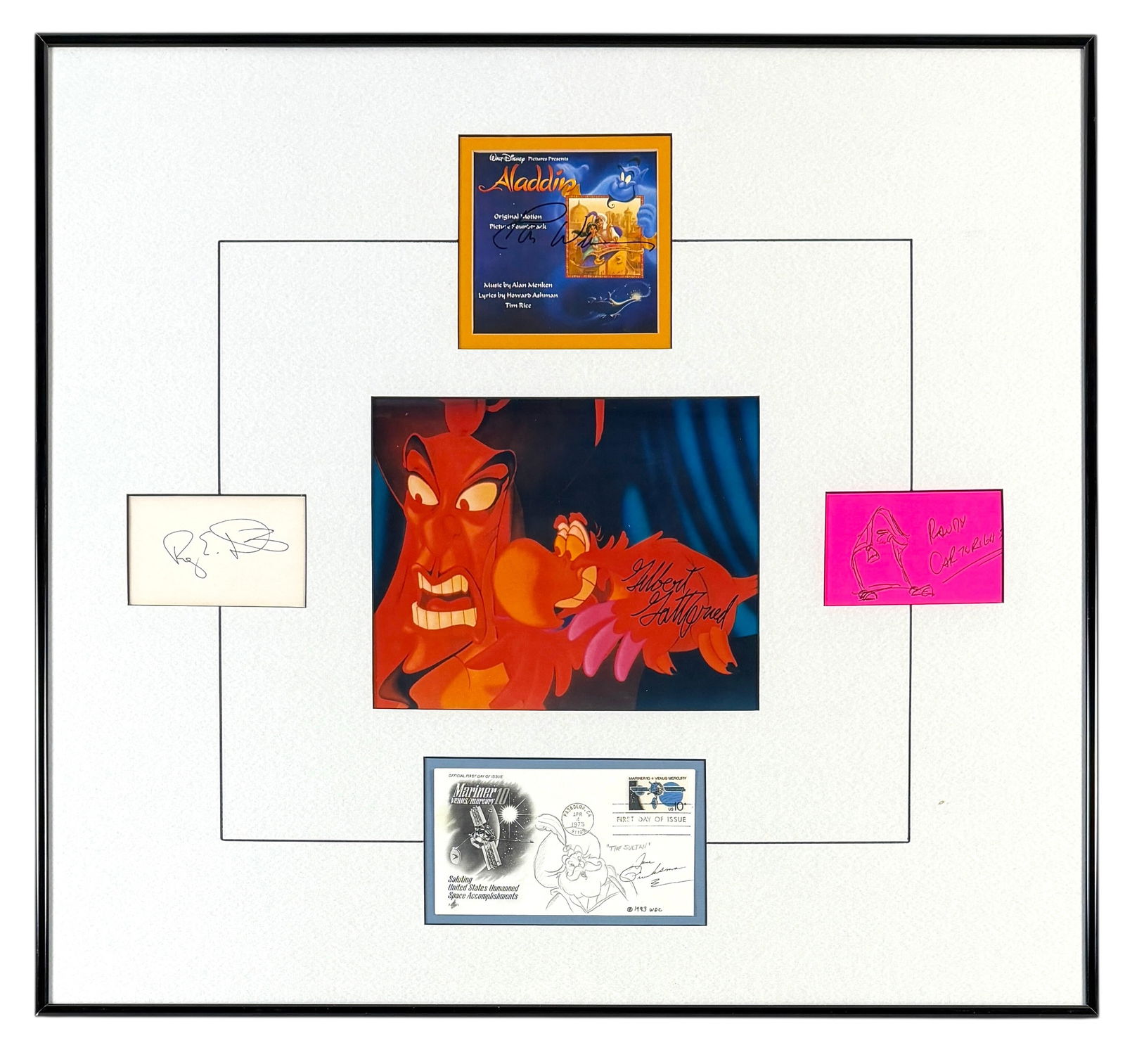 Aladdin Cast Signed Ensemble: Comes with Certificate of Authenticity. Signed and Inscribed on Reverse. Signatures from Gilbert Gottfried, Robin Williams, Randy Cartwright, Dave Pruiksma, and Roy E.