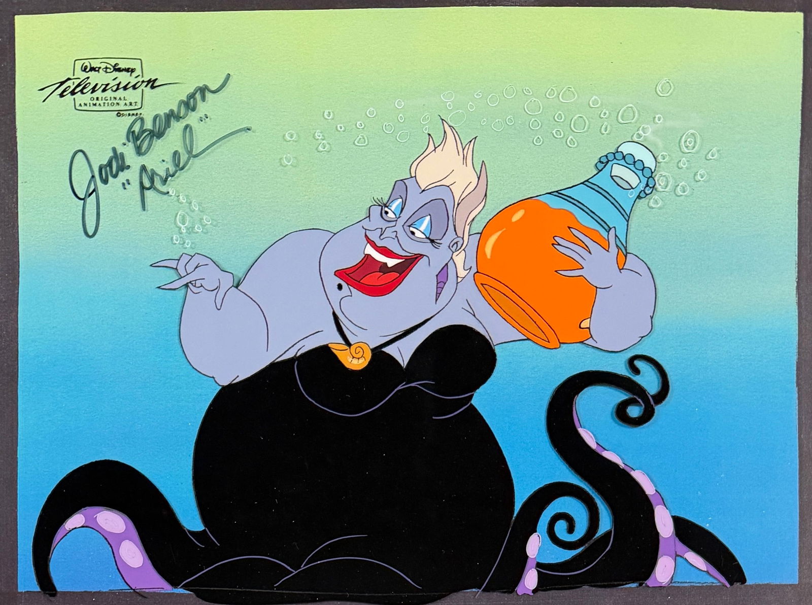 Ursula Original Ariel Television Cel: Signed by Jodi Benson. Frame: 18 1/4" T x 20" W Condition: Image is in very good condition. 