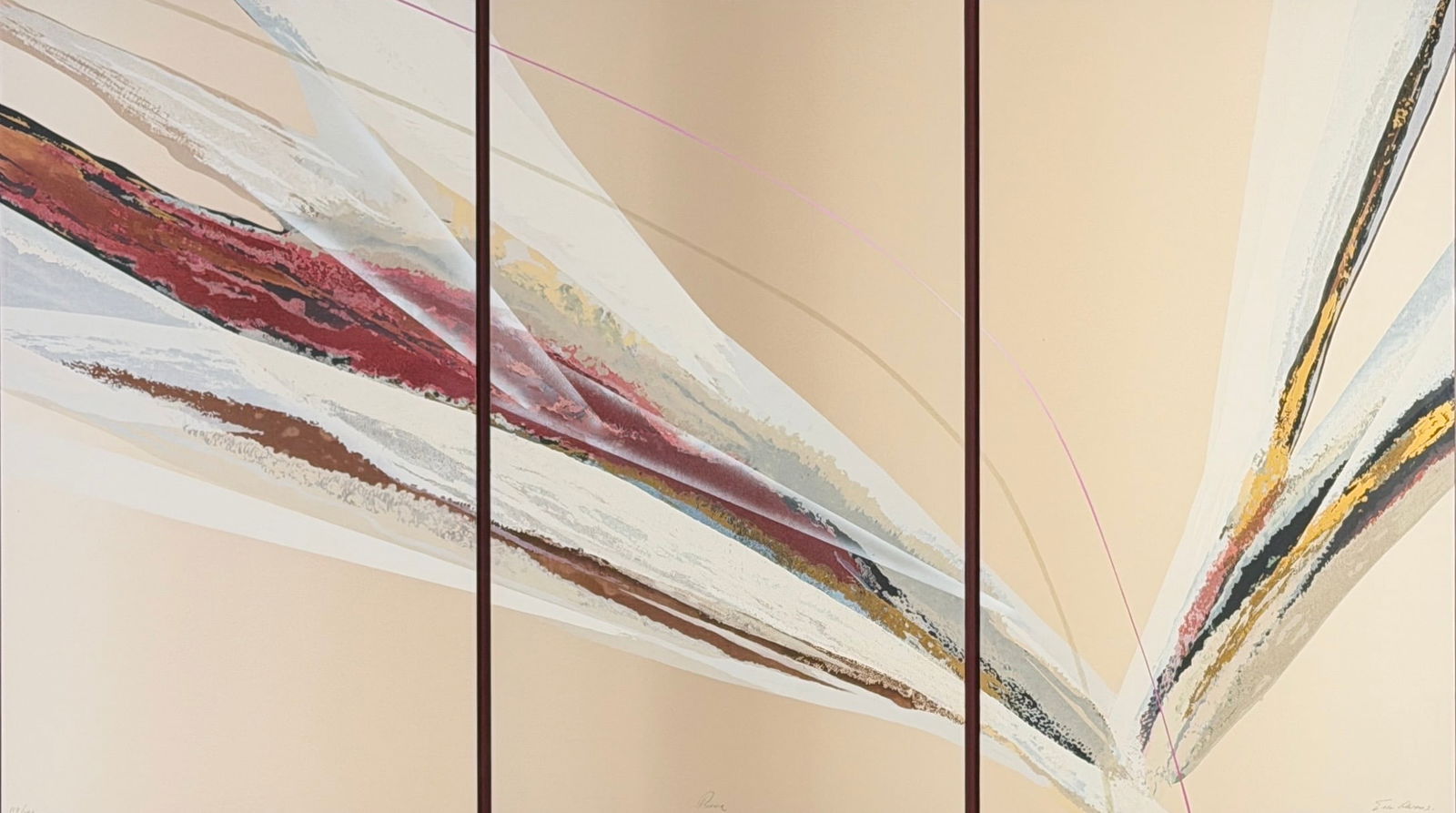 Elba Alvarez "Prima" Triptych Serigraph: Hand-signed lower right and numbered lower left. Edition: 113/125 Frame: 44" T x 72" W Condition: Images are in good condition. The frame has a few light scratches,