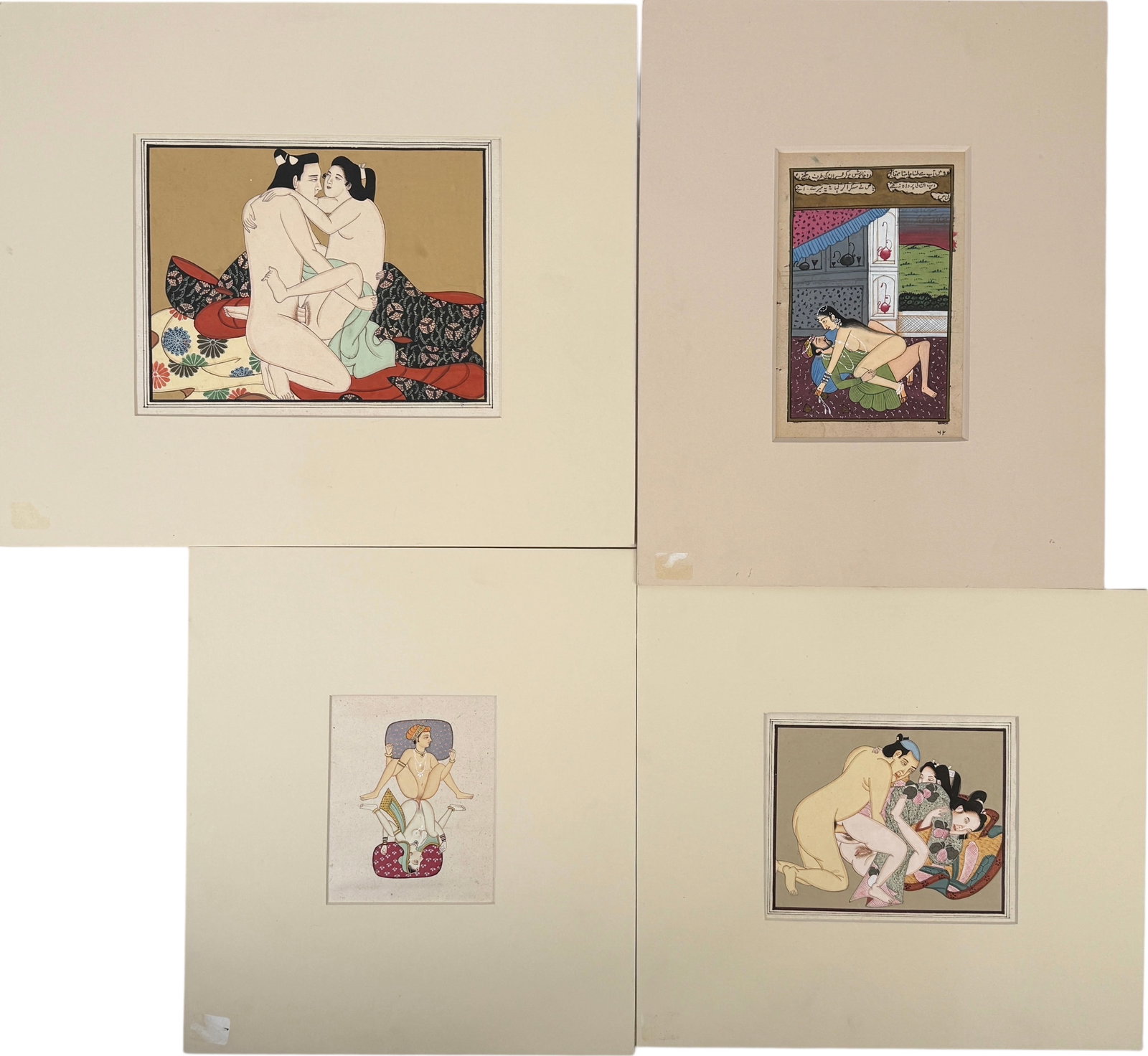 (4) Erotic Paintings on Paper: Set of four includes: (2) Japanese Shunga Woodblock PrintsIndian/Persian Manuscript Page with Erotic PaintingIndian/Persian Miniature PaintingAll paintings come matted