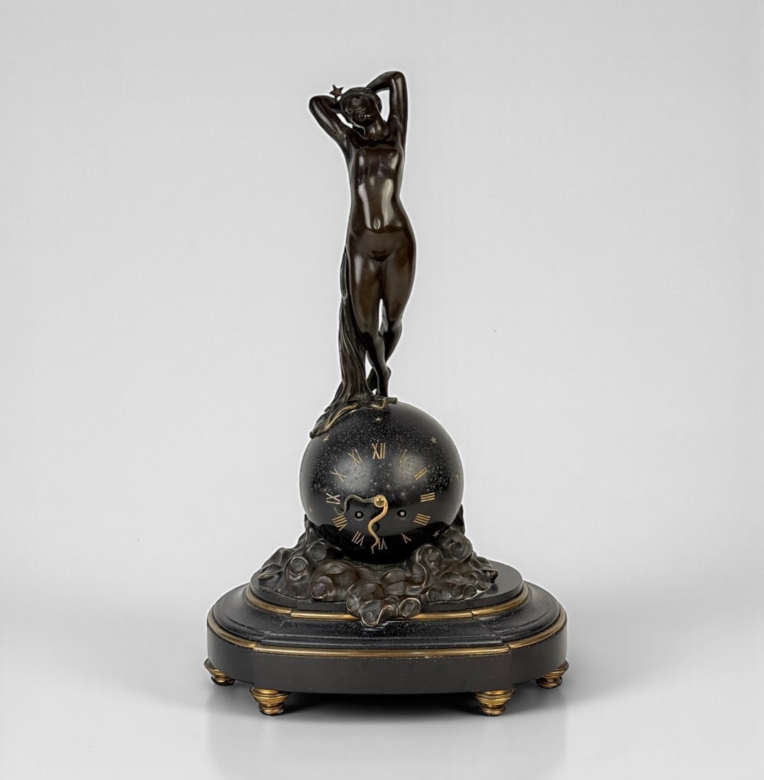 Art Deco 'Nude Figure On Celestial Globe' Bronze Mantel Clock (1 of 5)