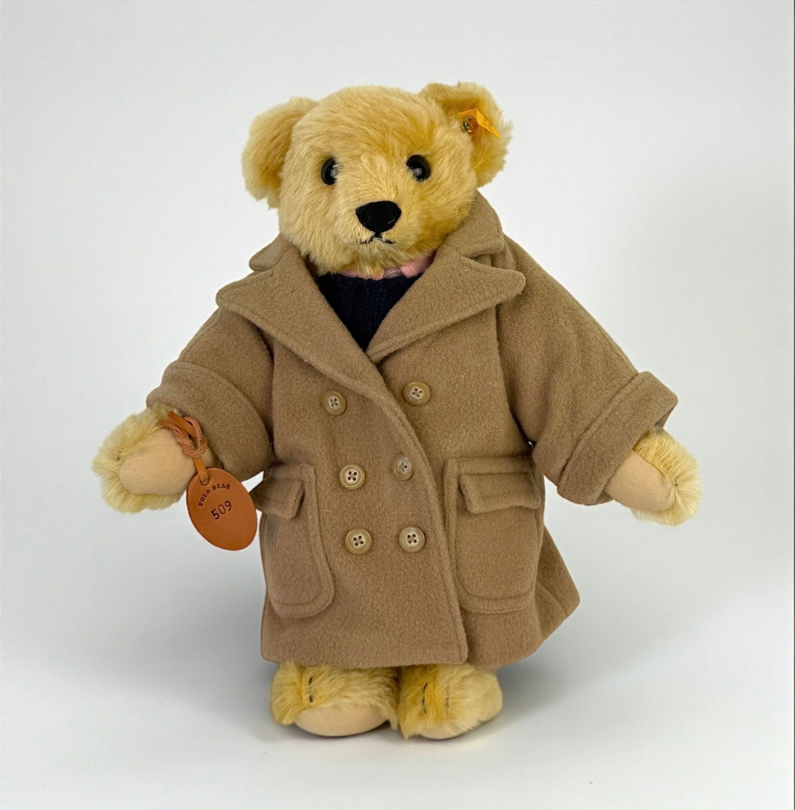 Steiff Ralph Lauren 'Collegiate Bear': Limited Edition: #509 Dimensions: 13" Tall Condition: Good vintage condition. Minor wear to the fabric of the coat. 