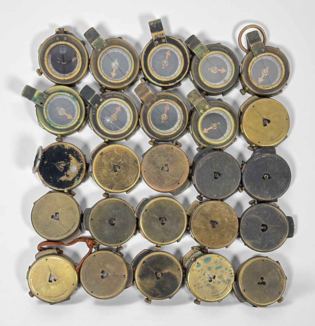 Group Of (25) WWI Military Compasses (B): Size: 2" Diameter Condition: Mixed condition throughout with wear, tarnish, scratches, and scattered oxidation from age and use. Working but untested for accuracy. Please refer to the