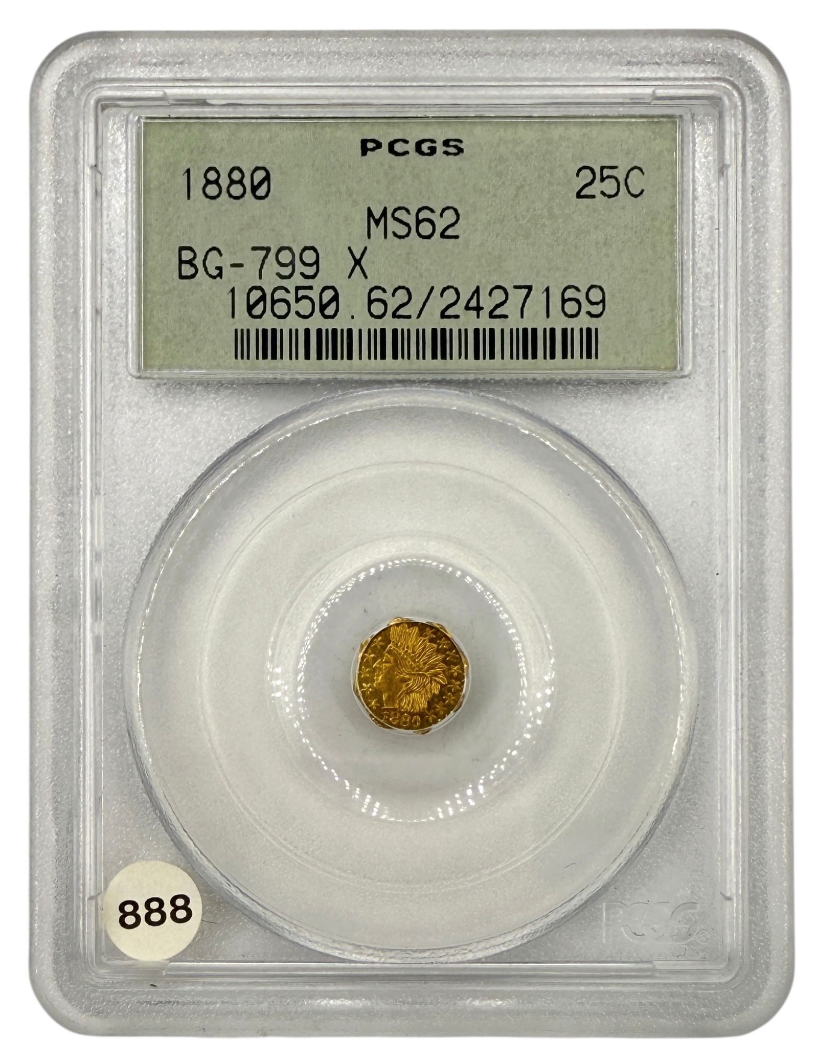 1880 Indian Octagonal 25 Cent MS62 Gold Coin: See photos for details.