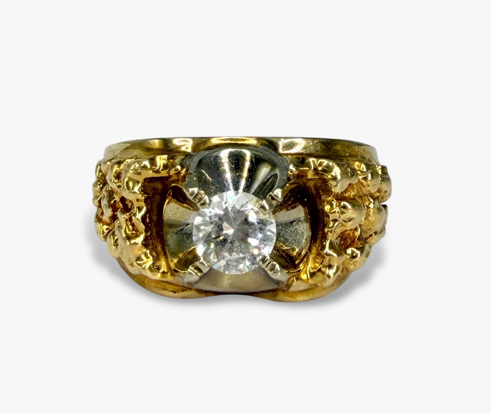 Men's 14K Nugget Ring With CZ: Size: 11Weight: 12g Condition: Light surface wear from use. 