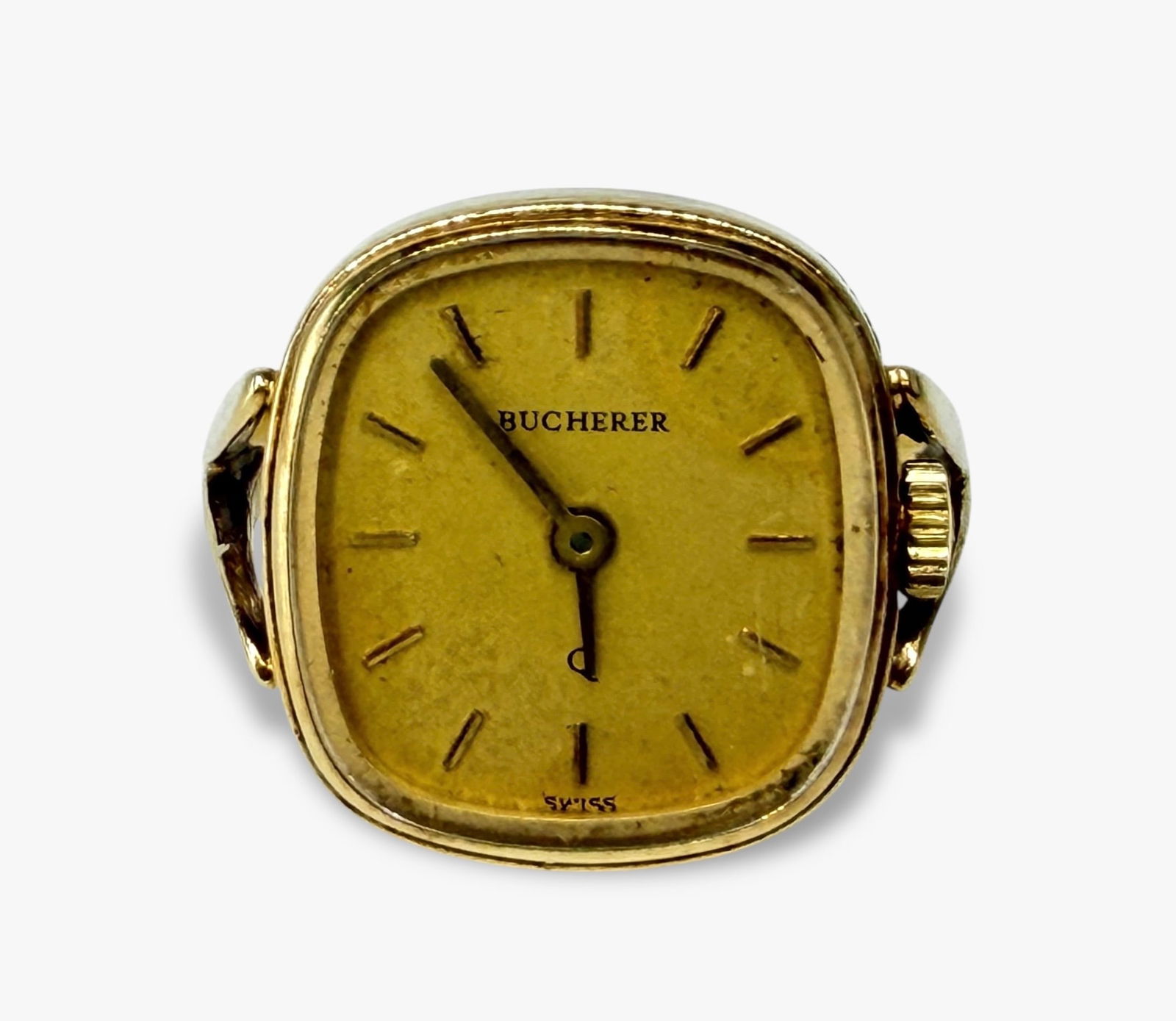 Bucherer Swiss 14K Watch Ring: Size: 8Dimensions: 17.2mm x 15.7mmWeight: 7.8g Condition: Wear to the watch face and surface scratches to the underside. 