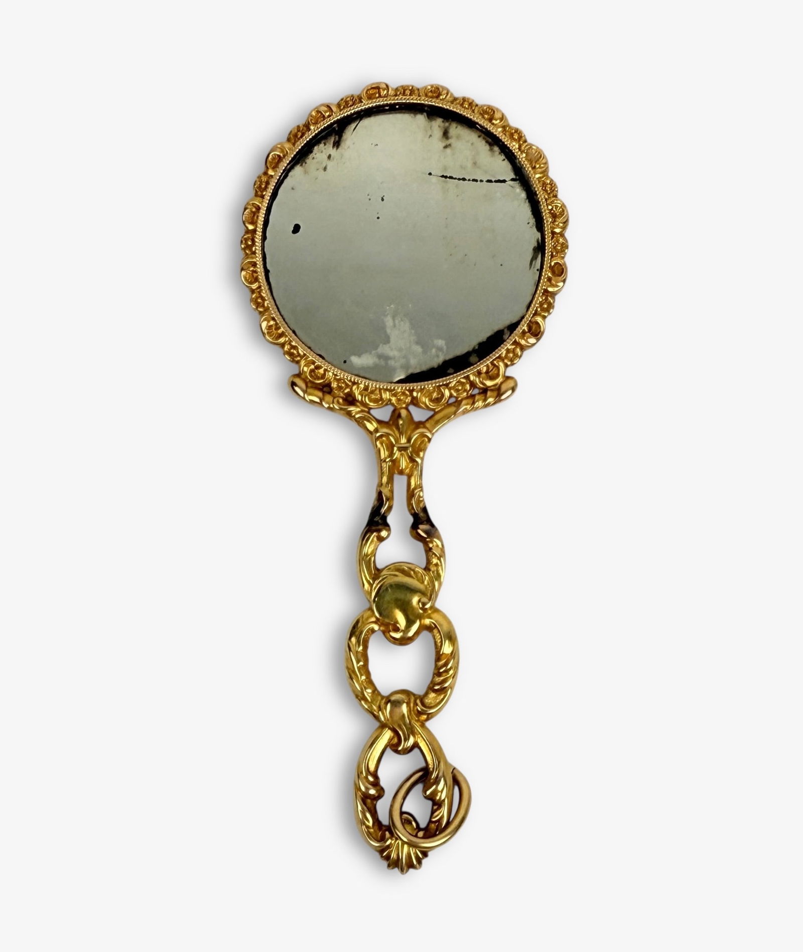 14K Gold Victorian Mirror: Dimensions: 3 1/2" long Total Weight: 16.1g Condition: The mirror has oxidation. There is a small spot of tarnishing to the handle, and the back of the mirror is monogrammed. 