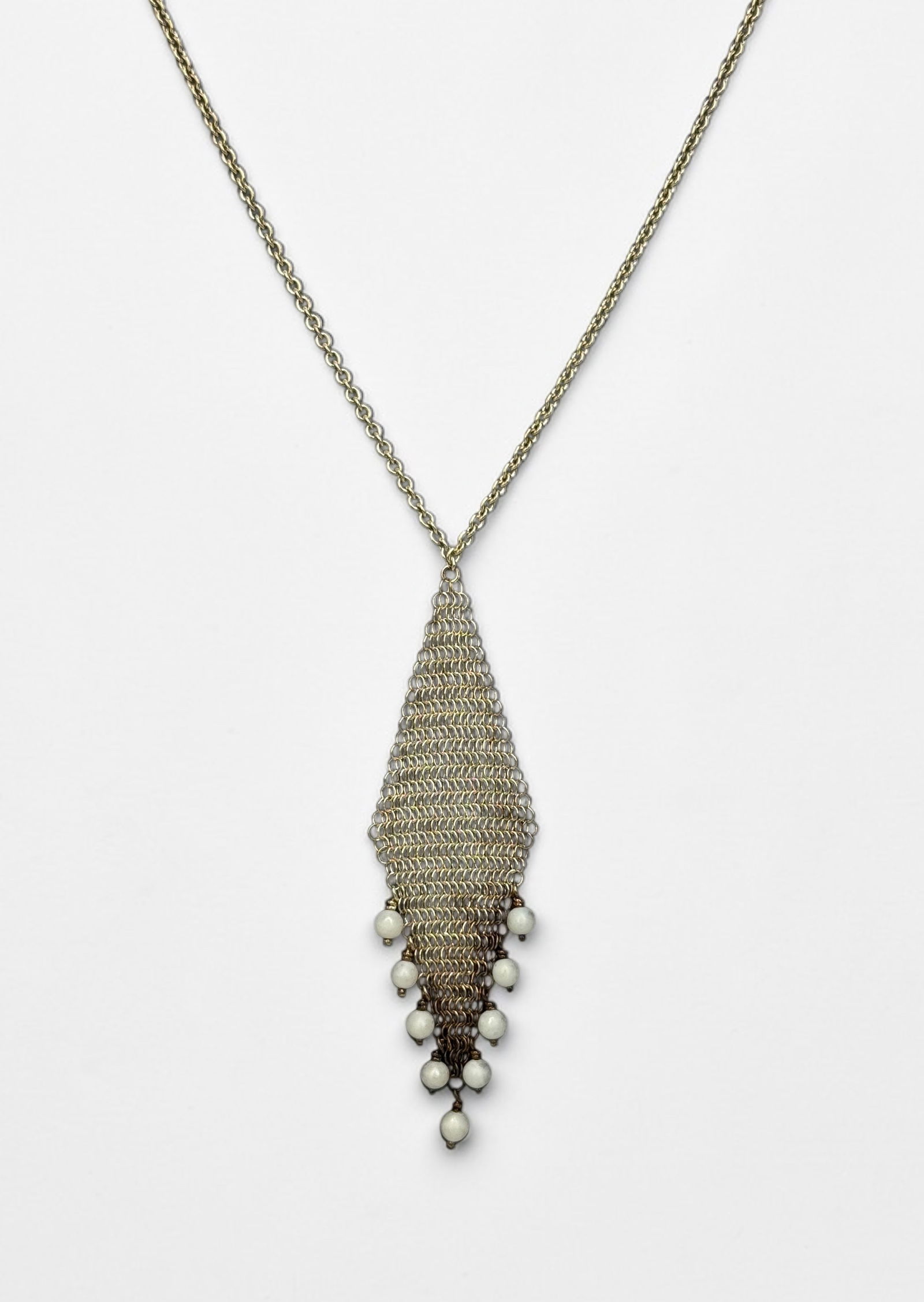 Tiffany & Co. Elsa Peretti Mesh Fringe Pearl Necklace: Chain Length: 16" Pendant Length: 2" with 2mm pearls. Weight: 3.56g Condition: The pendant has some tarnishing, otherwise it is in good condition. 