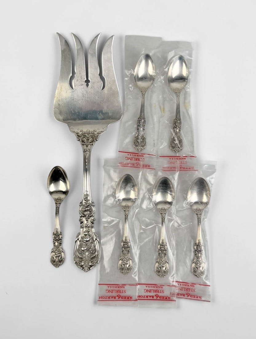 (7pc) Reed & Barton 'Francis I' Sterling Flatware: (6) Spoons 4 1/2" (1) Serving Fork 10" Total Weight: 8.4ozt Condition: Most pieces are in bags. Marks to the serving fork, otherwise all in good condition. See