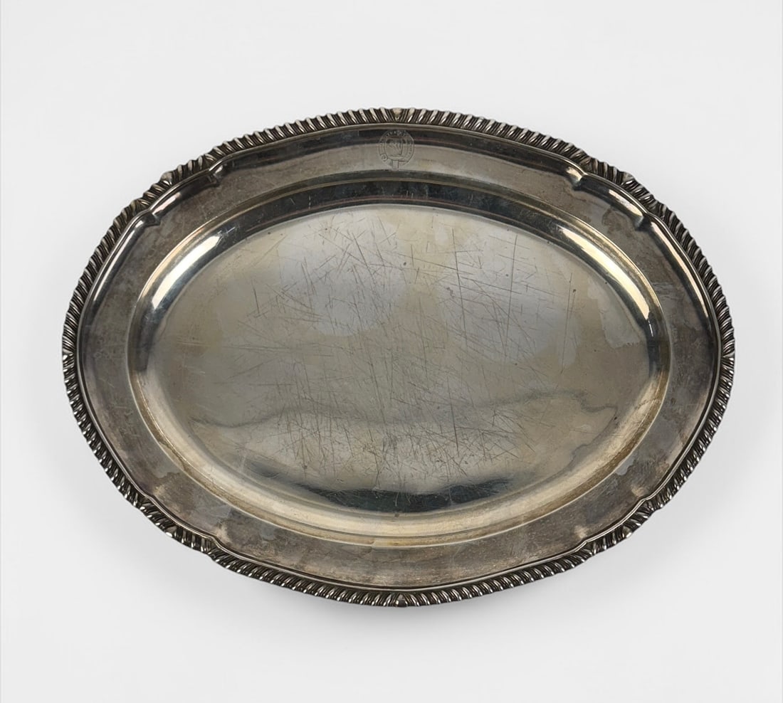 Antique 1700s English Sterling Silver Tray: Andrew Fogelberg & Stephen Gilbert, LondonSize: 16 1/4" L x 12" WWeight: 43.2 ozt Condition: Very Good, considering its age, with surface scratches and tarnishing
