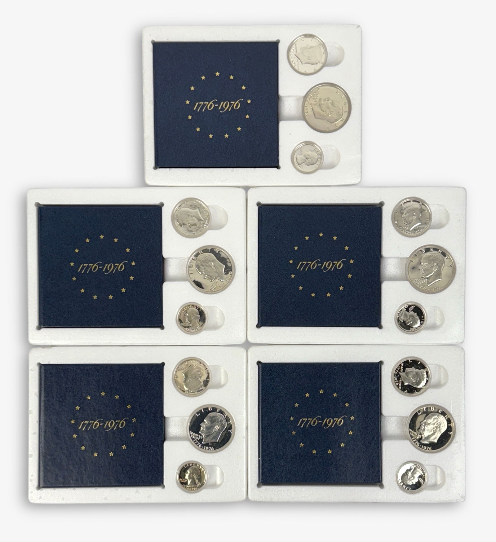 (5) 1976 Bicentennial Silver Proof Sets: 3 coins per box. Silver Dollar, Half Dollar, Quarter See images for details. 