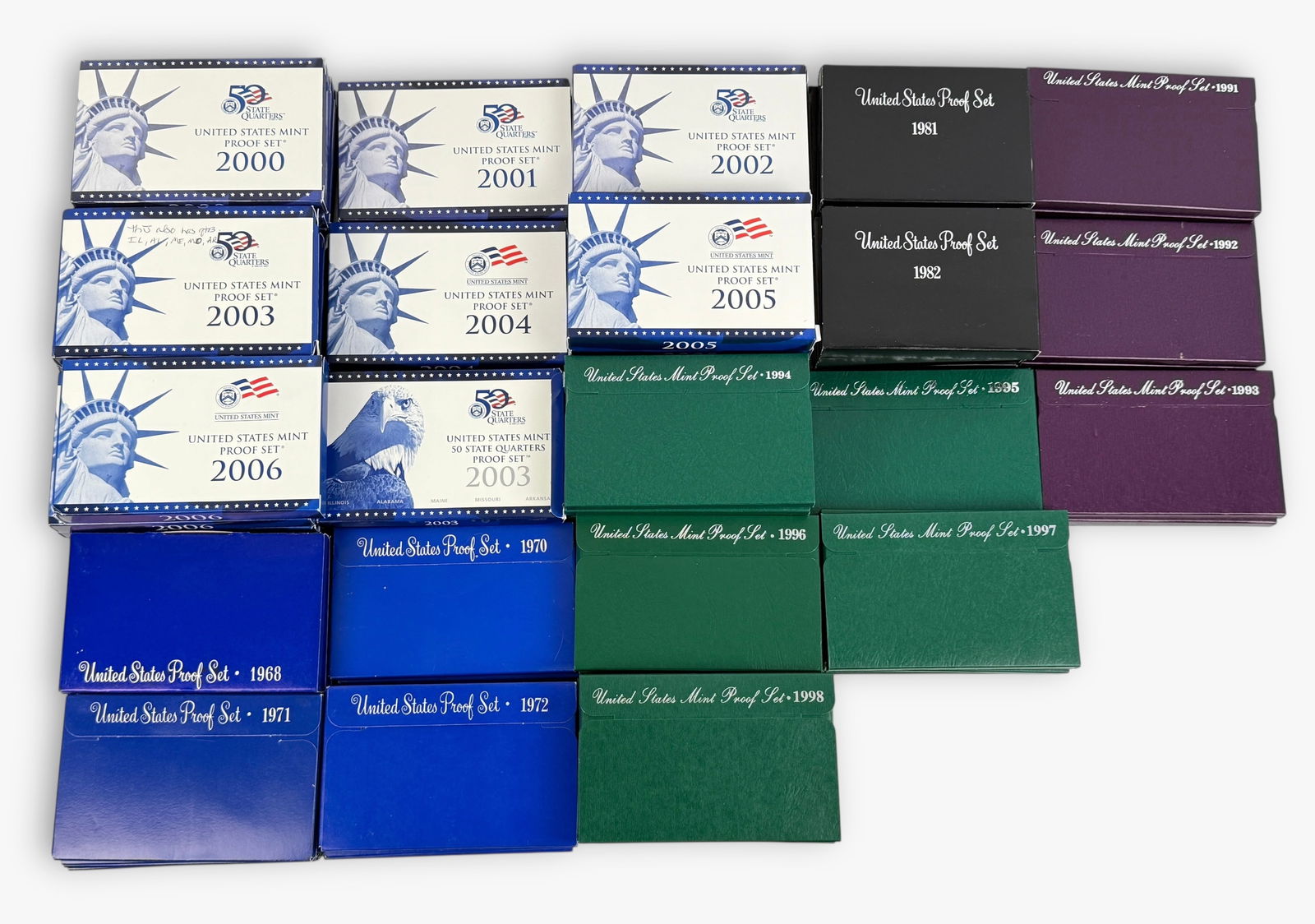 (103) Assorted US Mint Proof Sets: All sets in original boxes. The lot includes (6) 1968 proof sets. Condition: See images for details. 