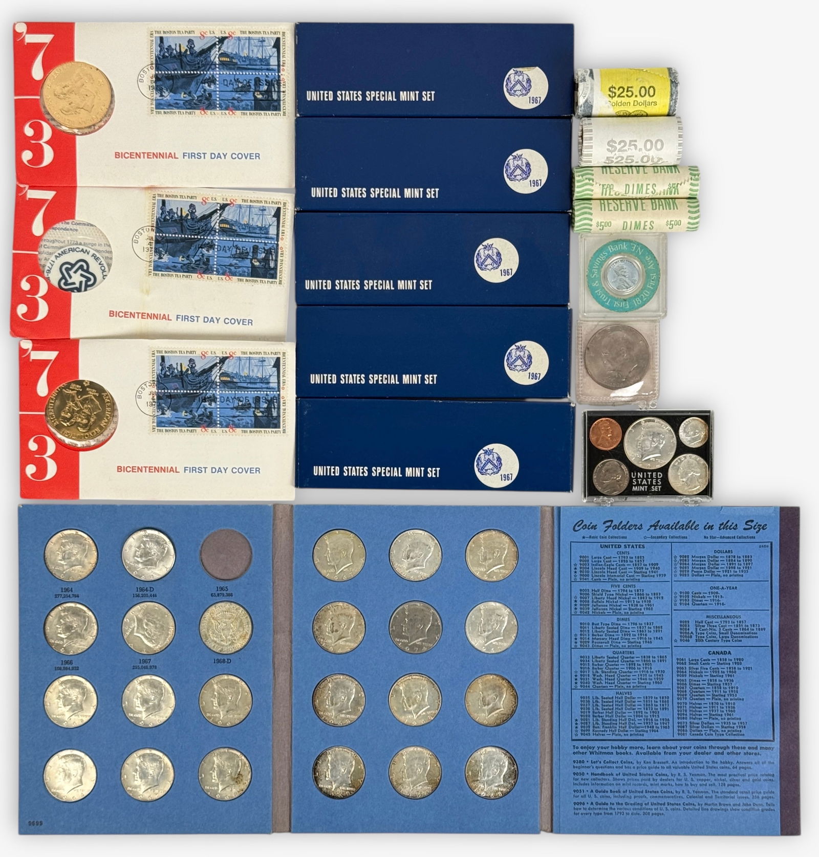 Assorted Vintage US Coins: Includes:(5) 1967 Special Mint Sets(2) $25 1 Dollar Coin Rolls(3) 1973 American Revolution Bicentennial First Day Cover in Envelopes(1) Uncirculated 1943 Steel Penny(1) 1964 US Mint Set (1)